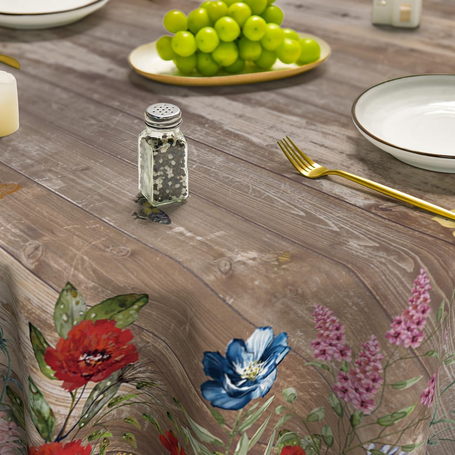 Horaldaily spring round tablecloth 90x90 inches with floral brown wood grain design, washable and ideal for spring gatherings