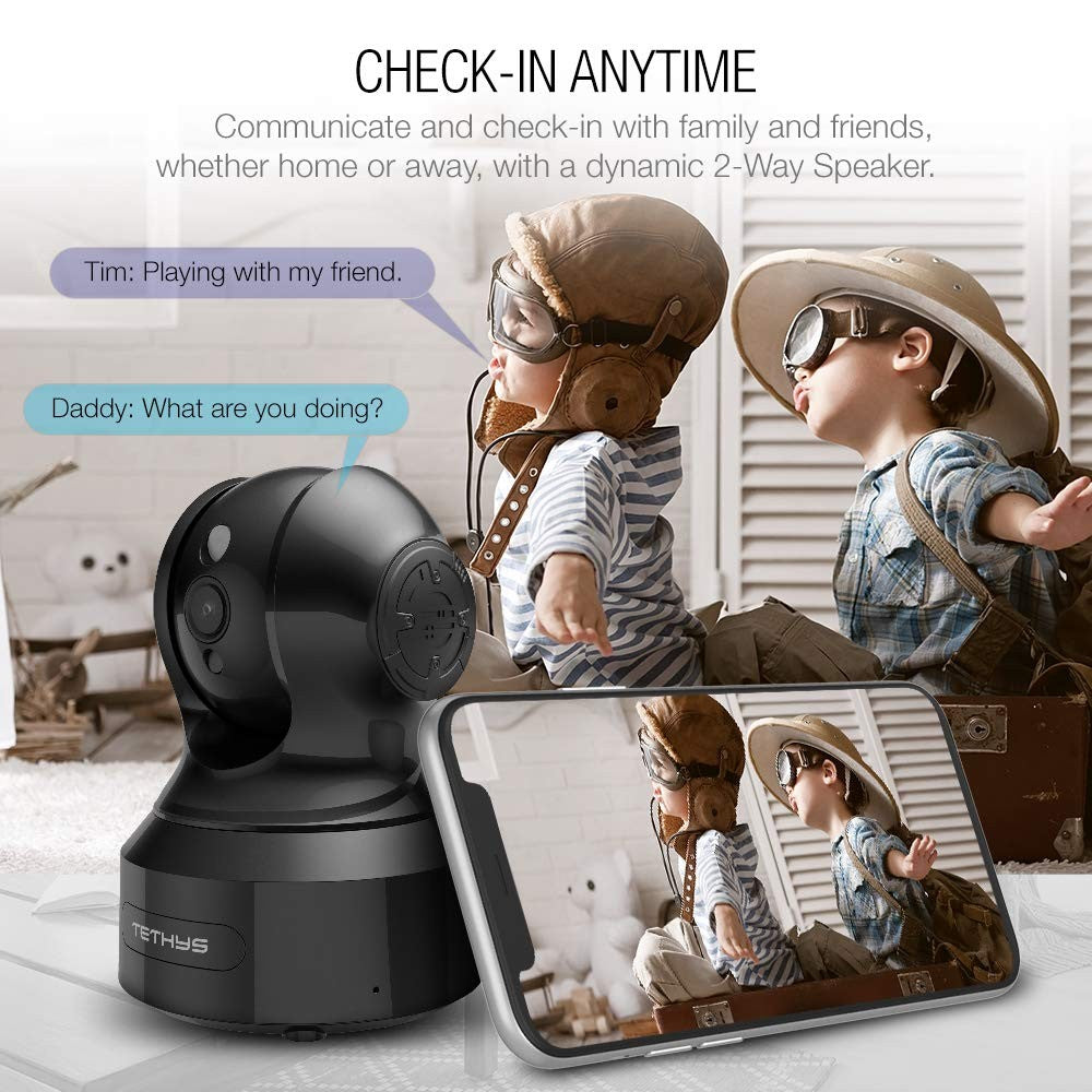 TETHYS Wireless Security Camera 1080P indoor with pan/tilt, WiFi connectivity, and Alexa compatibility.