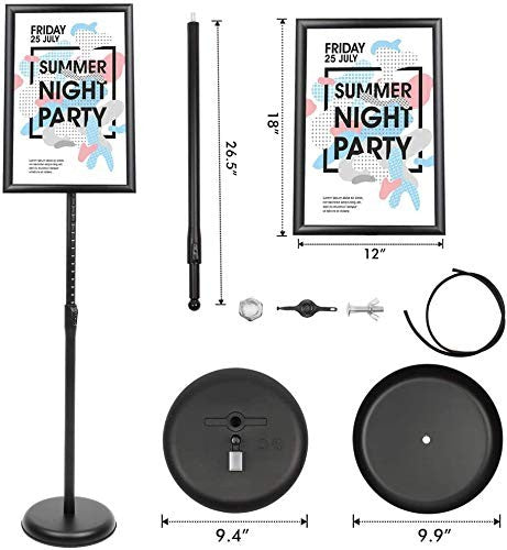 Yiyo adjustable pedestal poster sign stand holding an 8.5 x 11 business menu or advertising display with a sleek black base.