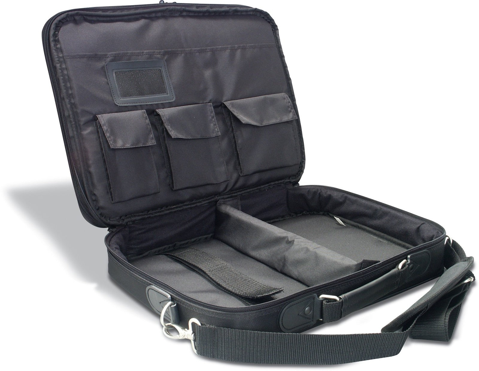 TRENDnet padded clamshell carrying case for 15.4-inch laptops, black with zipper closure and padded interior for protection.