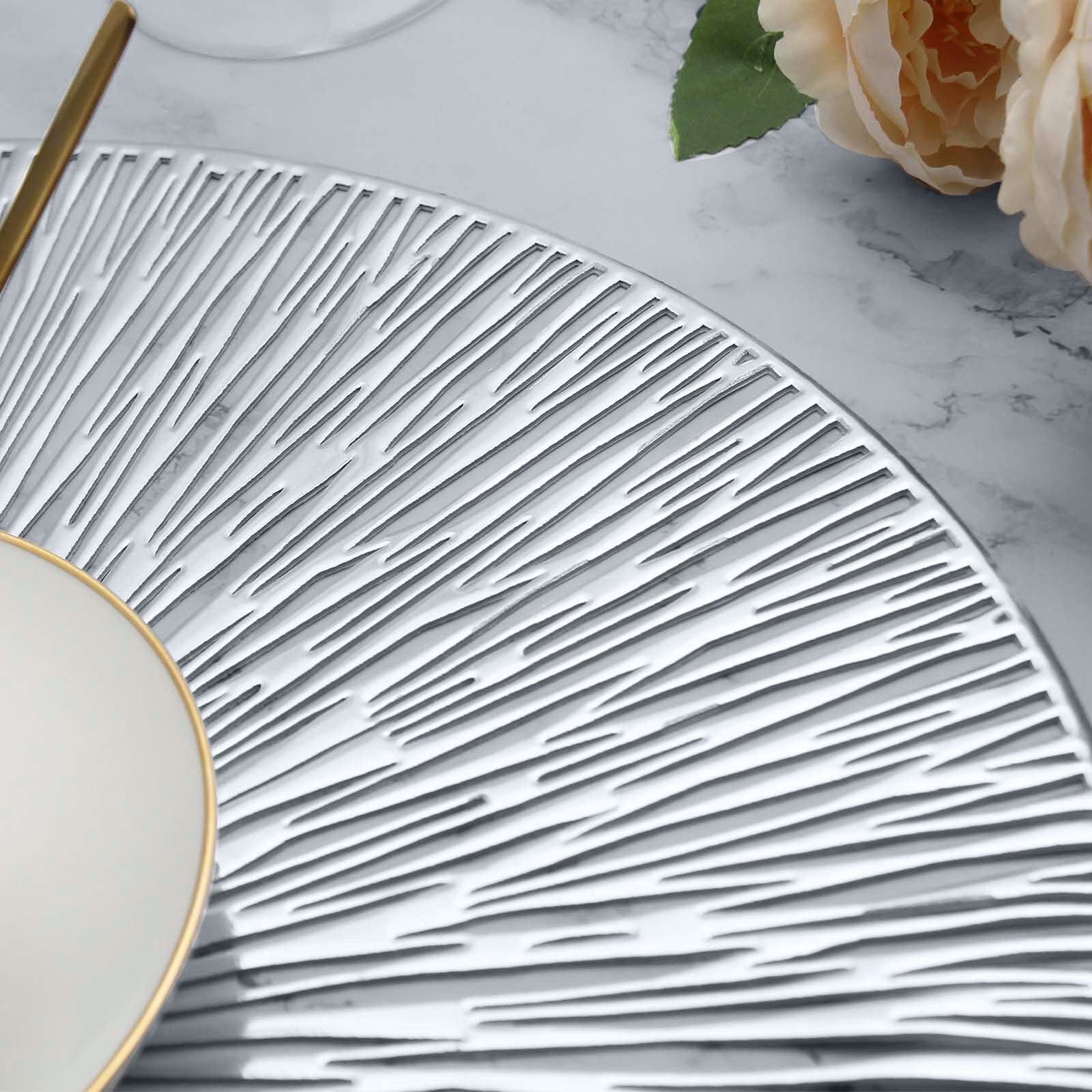 Evevda 8-piece round hollow vinyl placemats set for dining table, 15-inch pressed mats with intricate design pattern