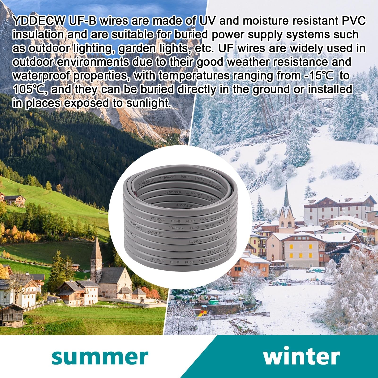 YDDECW 14/2 UF-B underground electrical wire, 50ft of 14 AWG pure copper cable for indoor and outdoor electrical wiring.