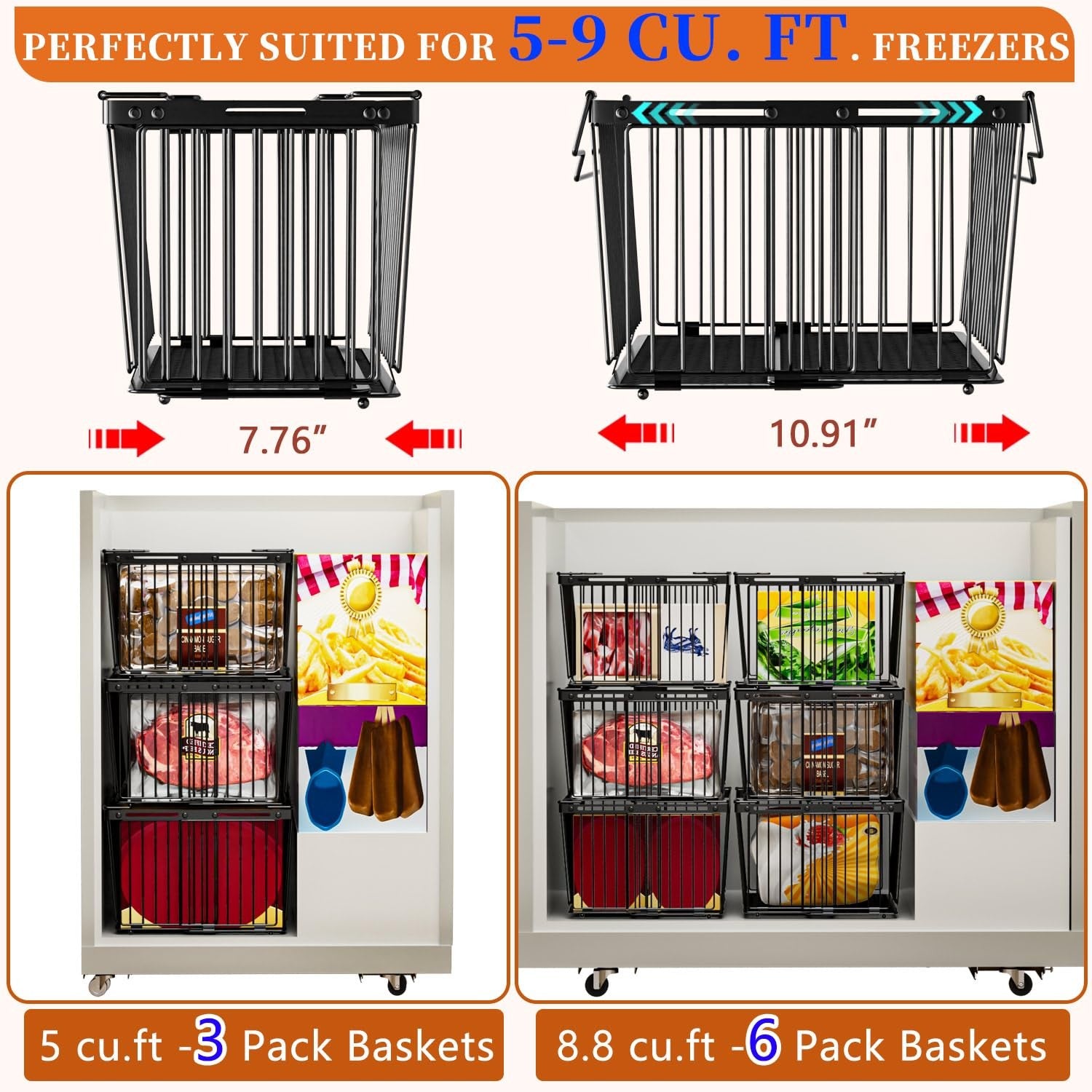 Anjuban large freezer organizer bins with upgraded bottom leak-proof netfit, ideal for 5 to 9 cubic foot freezers.