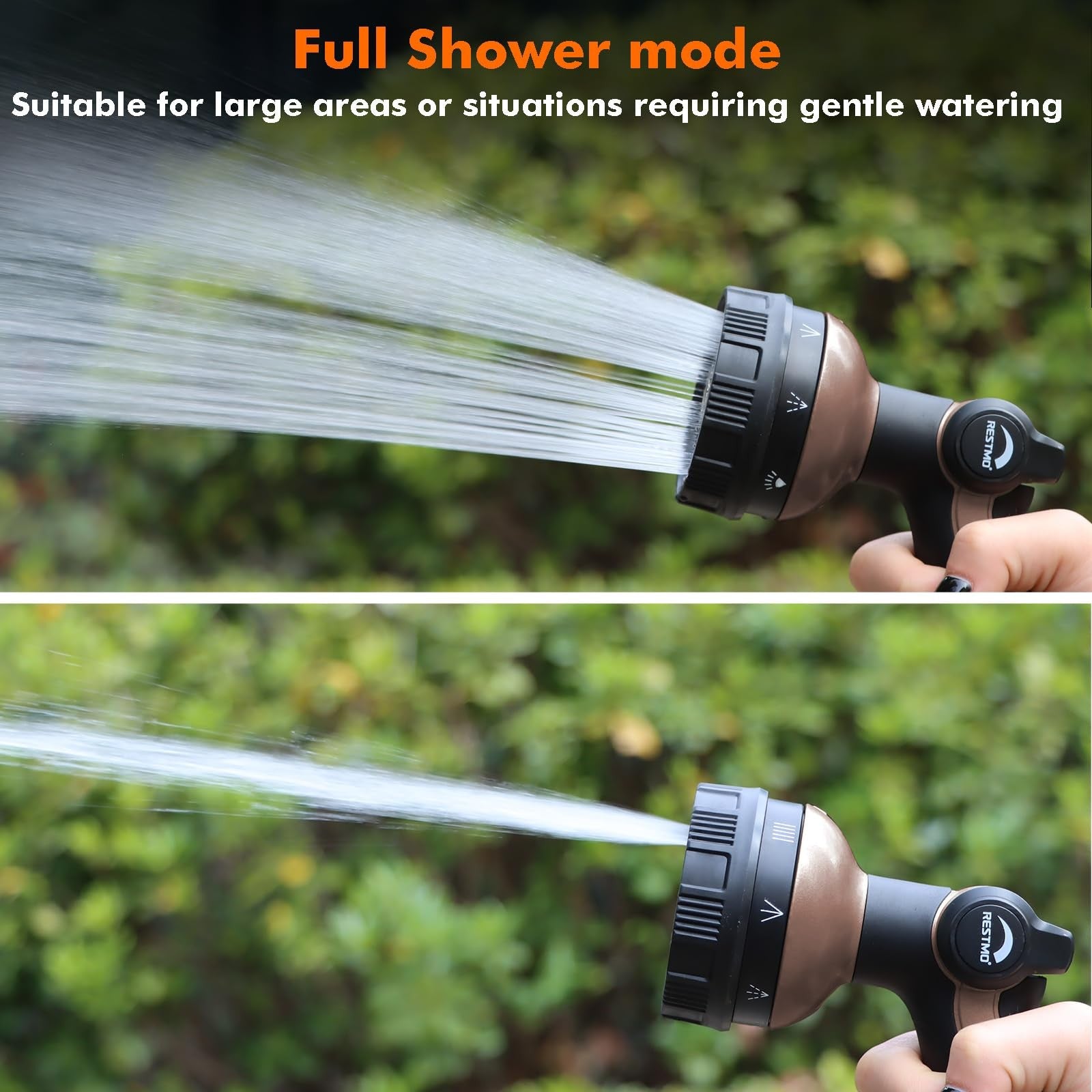 Restmo metal shower hose nozzle with 8 spray patterns, suitable for garden hoses and outdoor watering tasks.