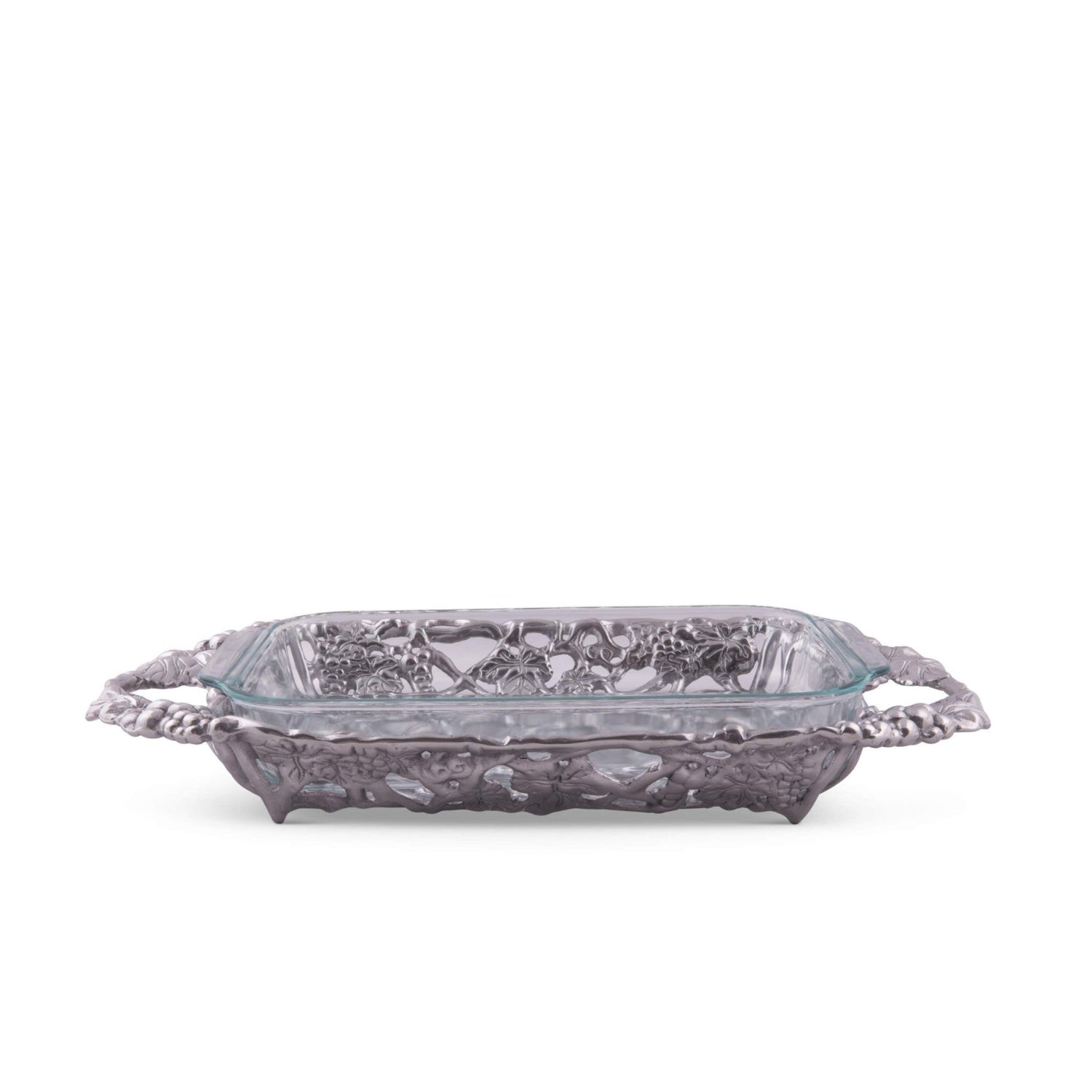 Arthur Court metal casserole dish holder with grape pattern, sand casted finish, designed to hold Pyrex glass casserole dishes.