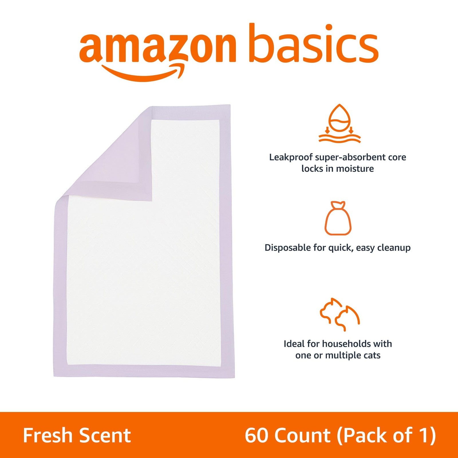 Amazon Basics cat pad refills with fresh scent in white and purple, 60-pack, designed for pet litter box liners.