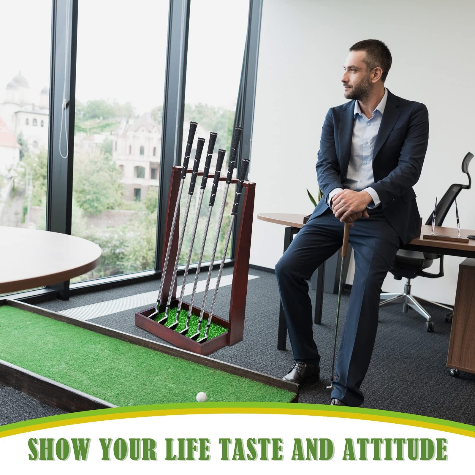 Lenwen wooden golf club holder stand with space for six clubs, designed to organize and display golf putters and clubs.