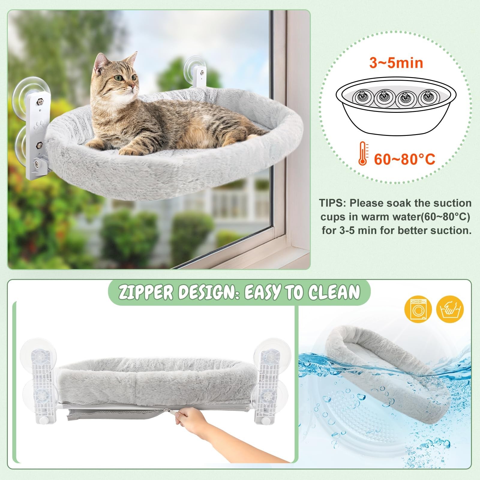 Sunhoo 2-piece cat window perch hammock with foldable sunny bed seat and suction cups for secure attachment on a window.
