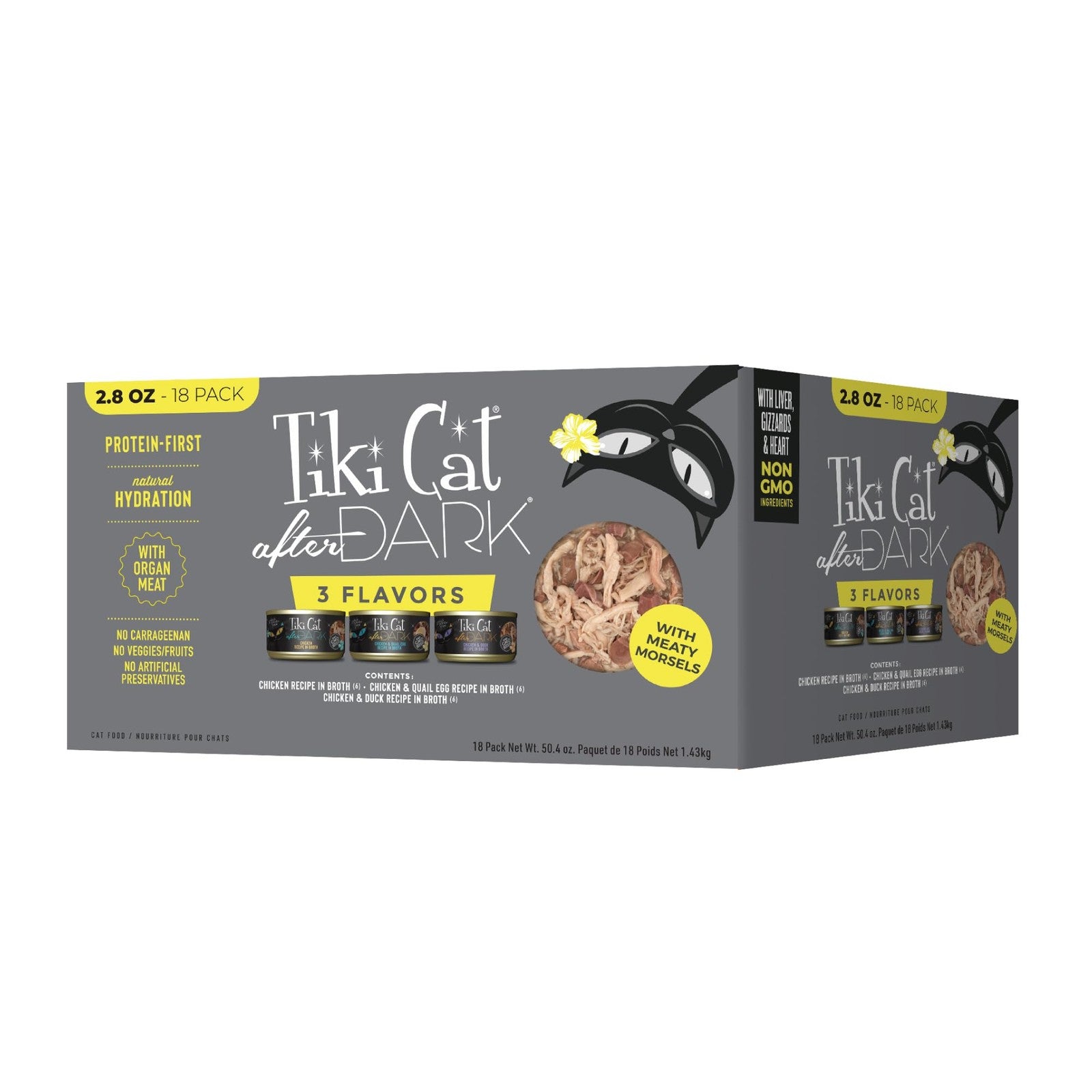 Tiki Pets Tiki Cat After Dark variety pack of high-protein, non-GMO wet cat food in 18 cans, showing colorful packaging and cat food cans.