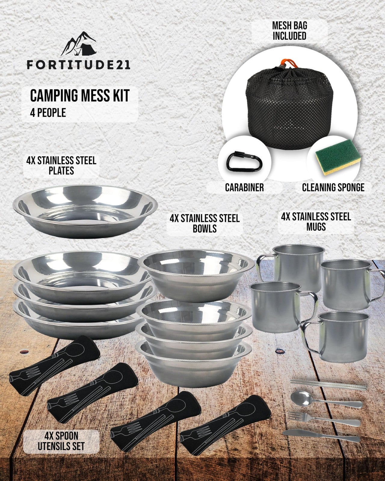 Fortitude21 4-Person camping mess kit with utensils, cookware, and picnic set for outdoor cooking and dining during camping trips.