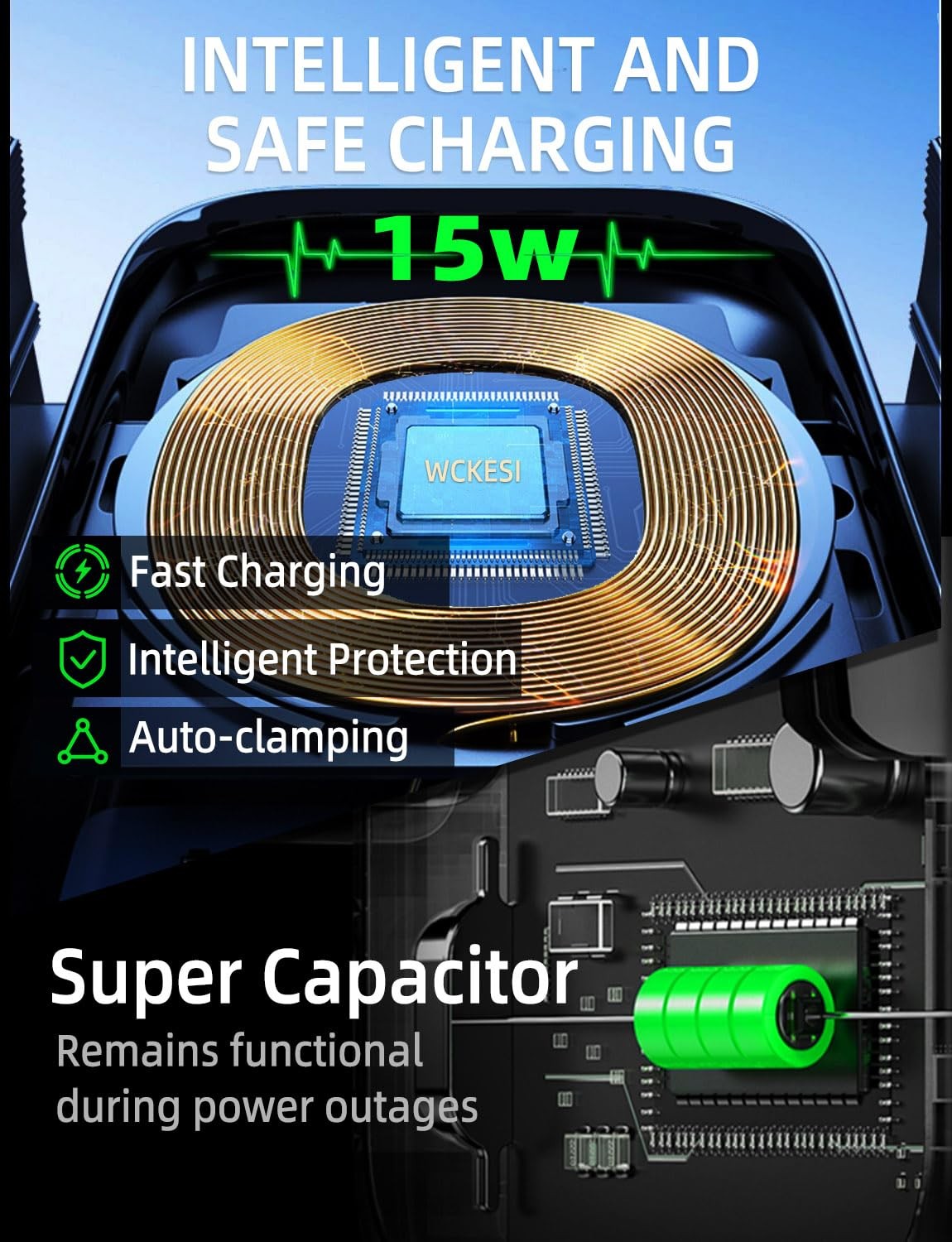 WCKESI wireless car charger truck phone mount with 10-inch long arm and 15W fast charging, holding a smartphone securely in a vehicle.