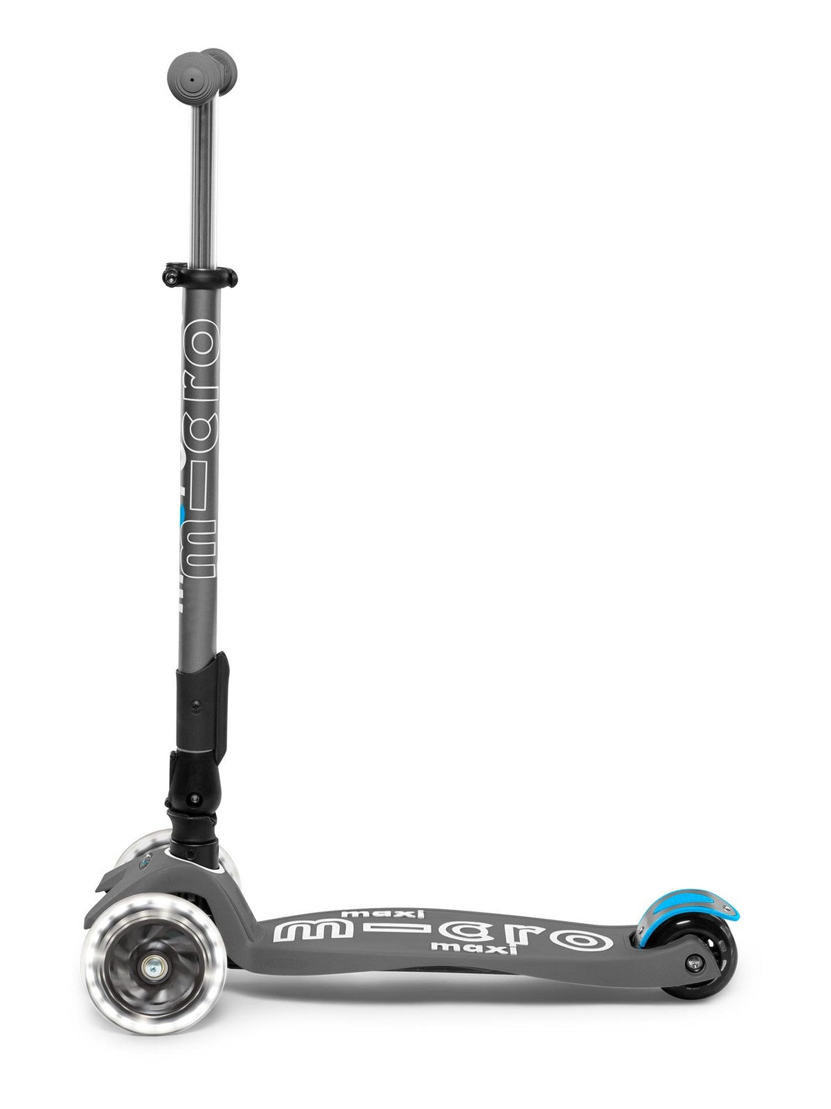 Micro Maxi Deluxe Foldable LED three-wheeled kick scooter with lean-to-steer design, featuring LED lights and foldable frame for easy transport.