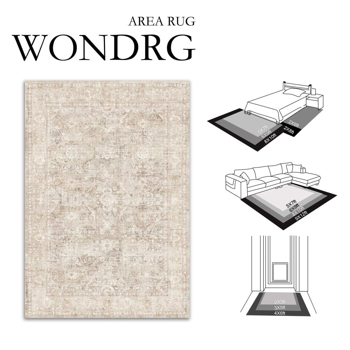 WondRg 4x6 beige washable area rug with soft, neutral design and non-slip backing, suitable for living room or bedroom.