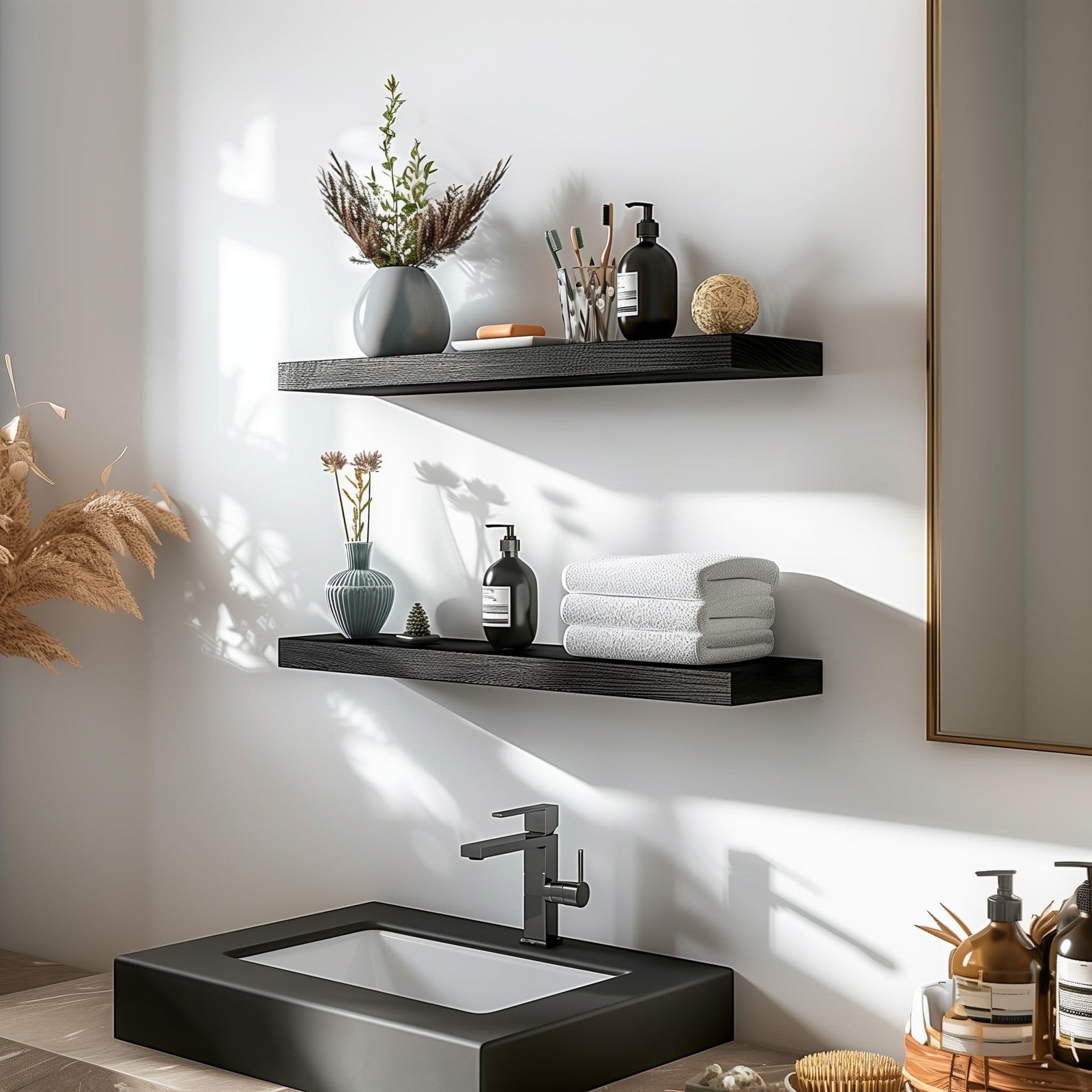 PHPH black wood floating shelves set of 6, 17-inch wall shelves for bedroom storage and decor, shown mounted on a wall.