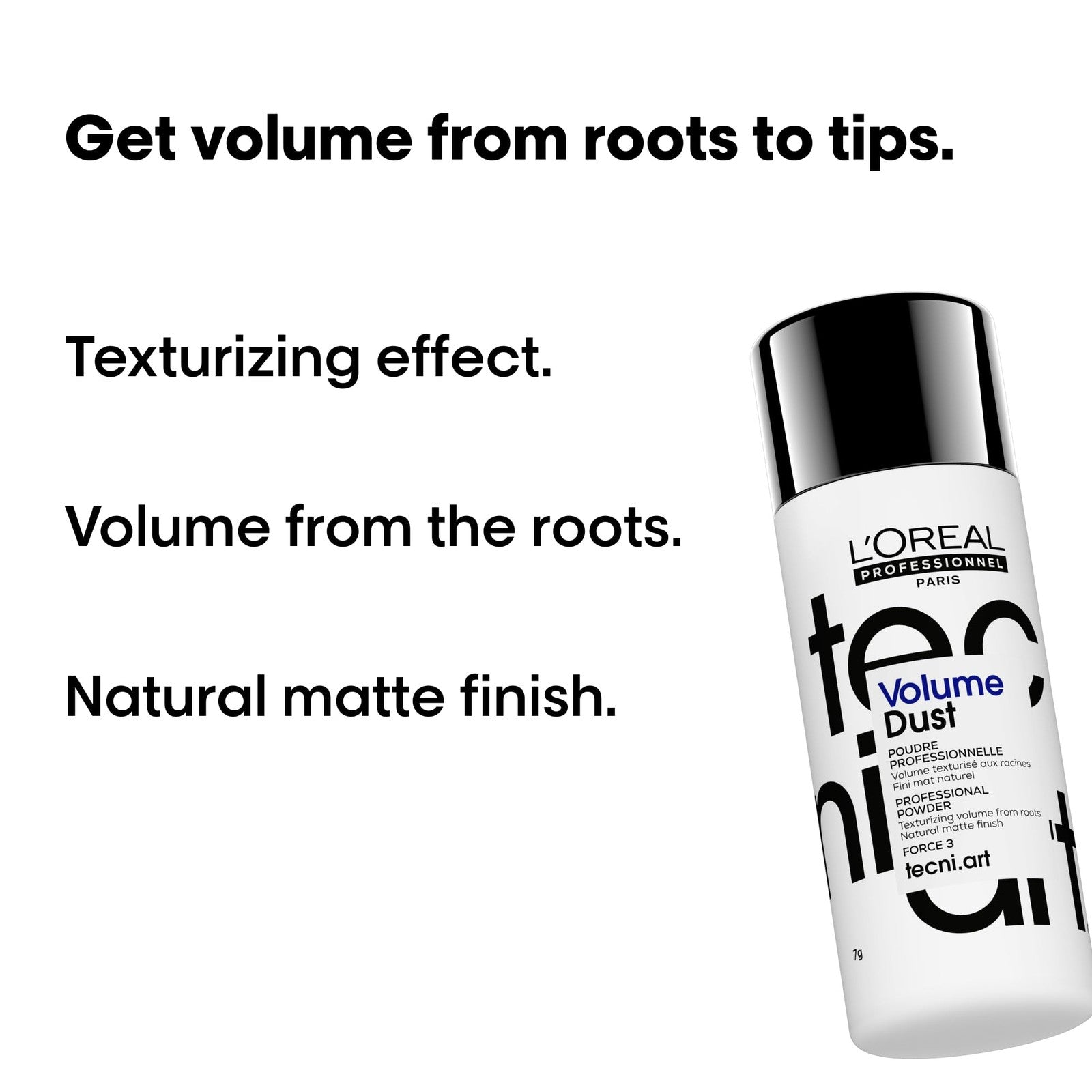 L'Oréal Professionnel Paris Volume Dust weightless powder for all hair types, shown in a clear jar with a shaker top.
