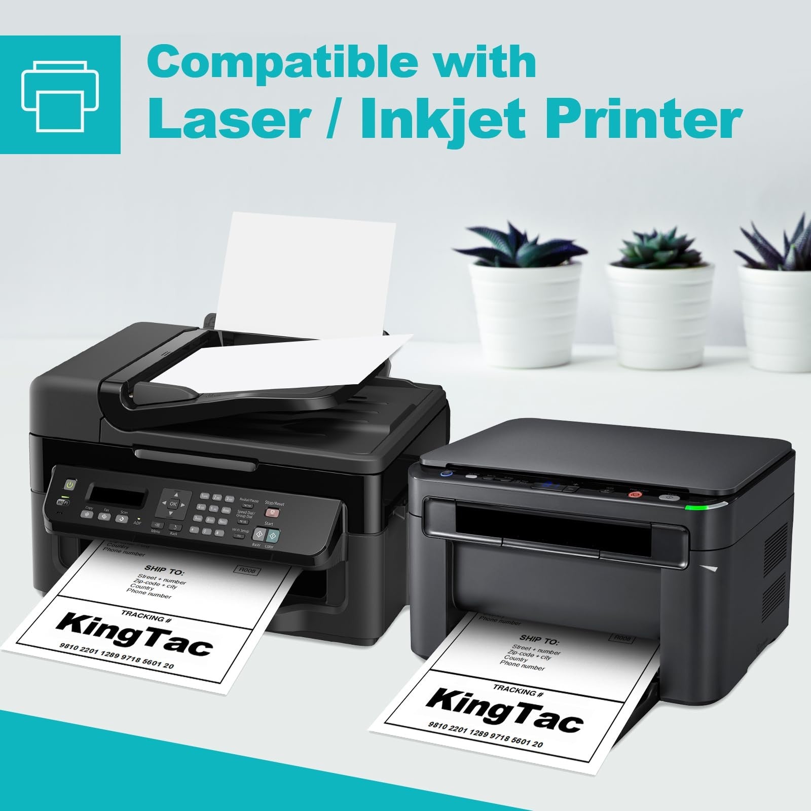 Full sheet of KingTac A4 shipping labels with 8.5 x 11 inch size, suitable for laser and inkjet printers.