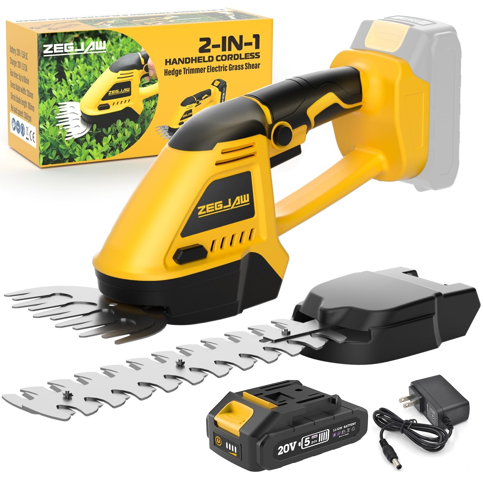 ZEGJAW 20V cordless hedge trimmer and grass shear in hand, showcasing its dual-function electric garden tool.