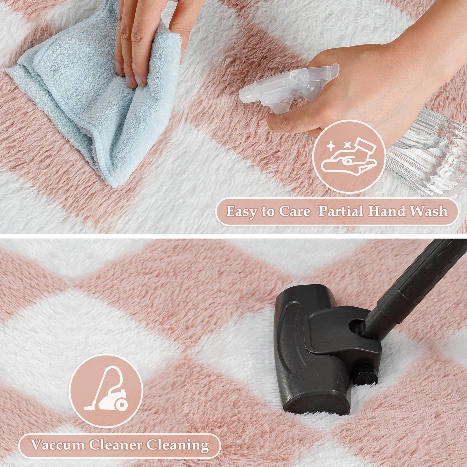 Hugear checkered pink and white shag rug, 5x7 modern fluffy living room rug with soft, plush texture.