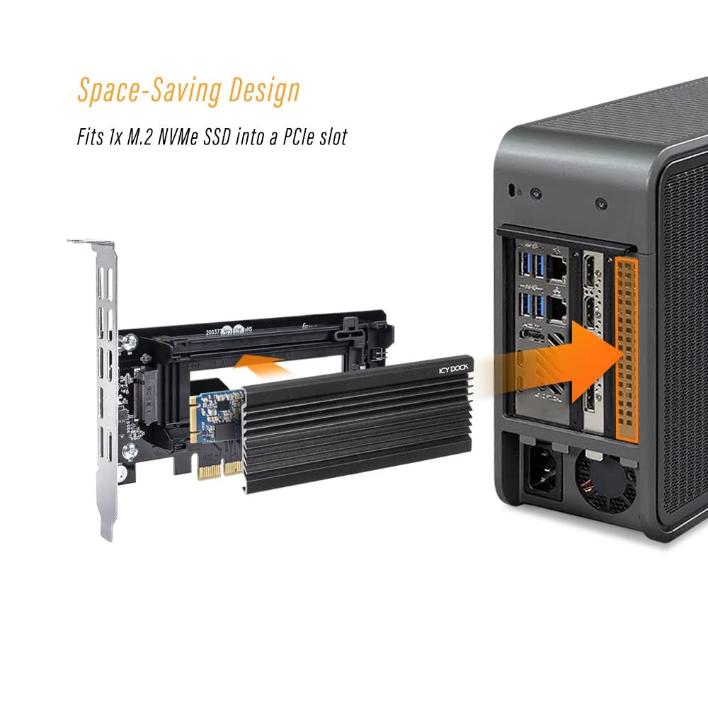 ICY DOCK M.2 NVMe SSD to PCIe adapter card with large aluminum heat sink, compatible with X16, X8, and X4 slots.