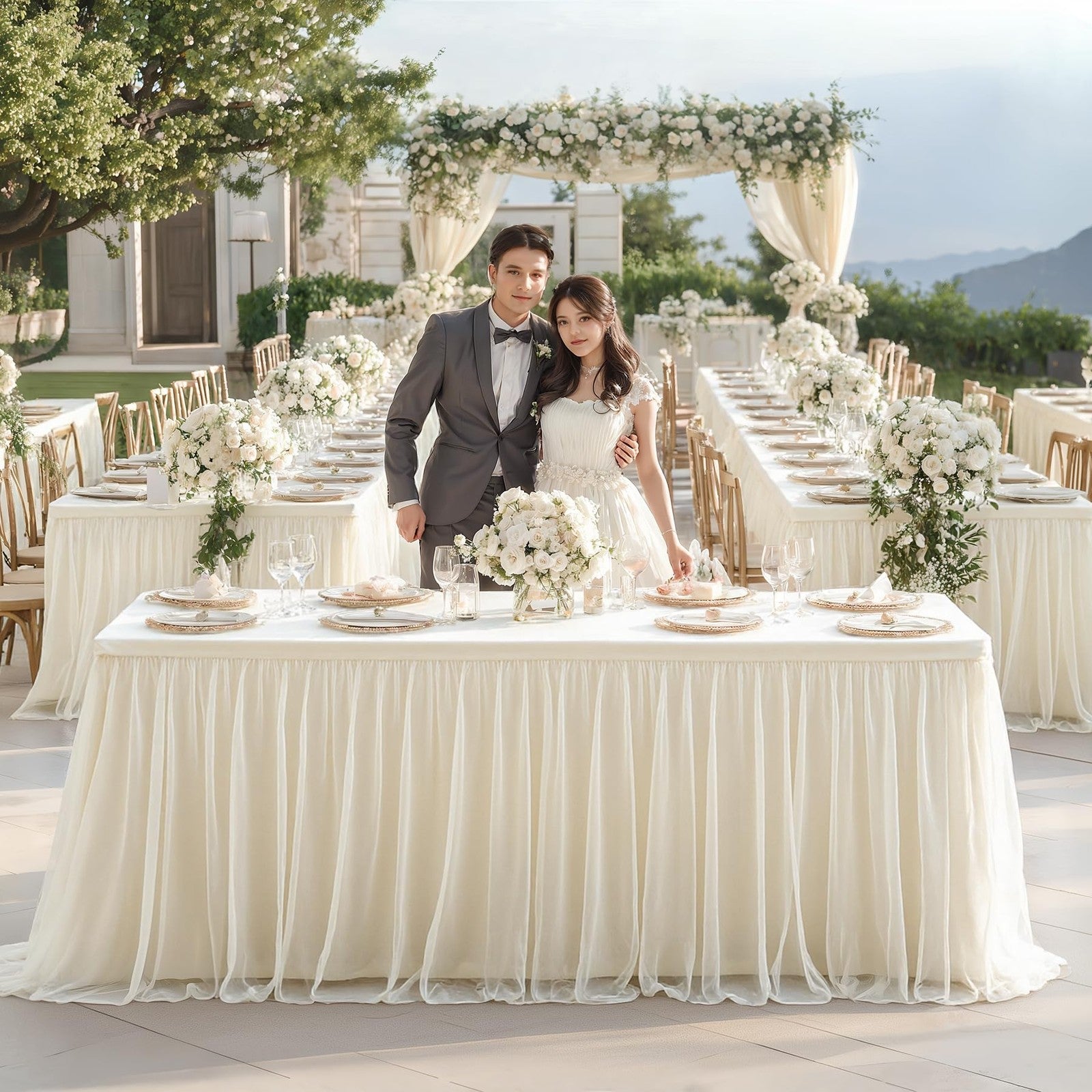 Ivory tulle tablecloth for 8-foot rectangle tables, stretch fit, ideal for elegant event decor, unbranded Wish Care 2-pack.