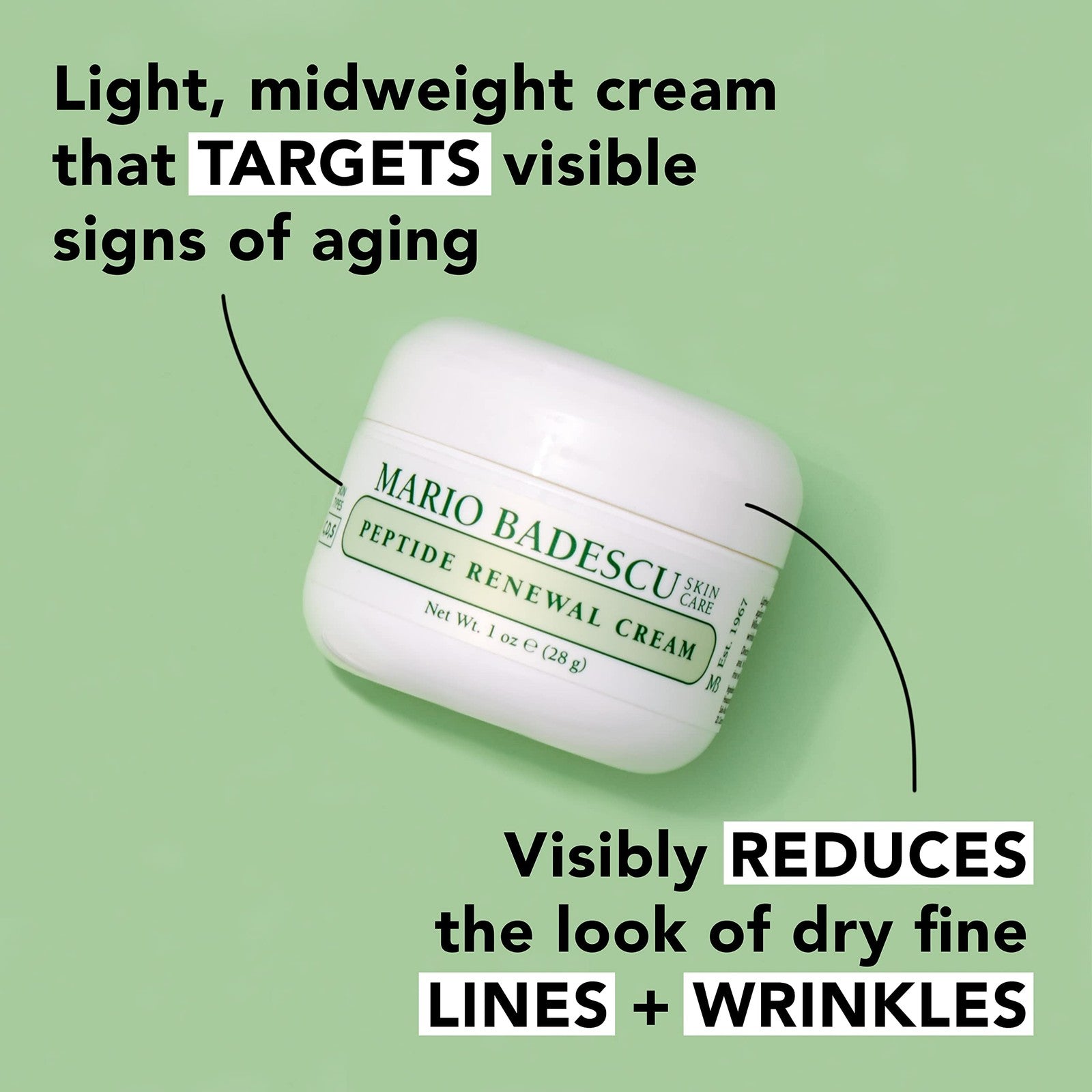Mario Badescu Peptide Renewal Cream jar with white lid, designed for combination, dry, and sensitive skin, showing the product label.
