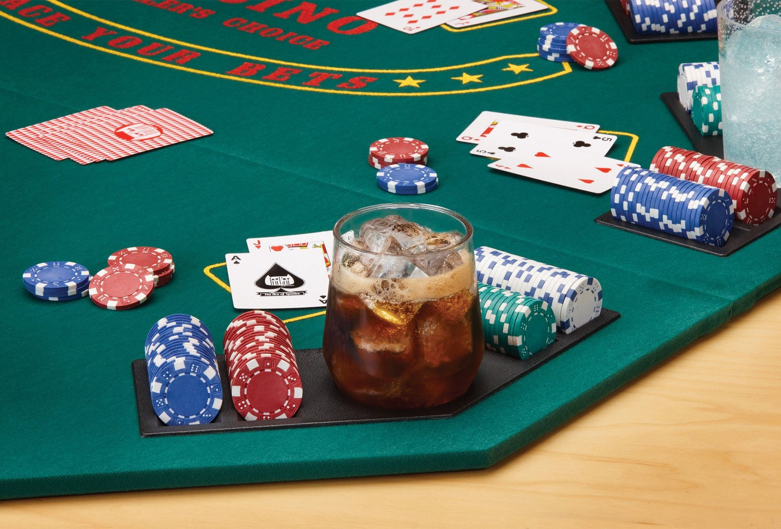Fat Cat folding poker table for 8 players with carrying case, chip tray, and drink holders, by GLD Products.