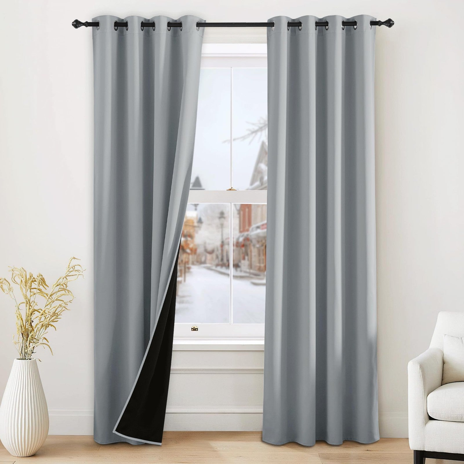 NICETOWN grey blackout curtains with 2 panels, 52x84 inches, thermal room darkening for light control and privacy.