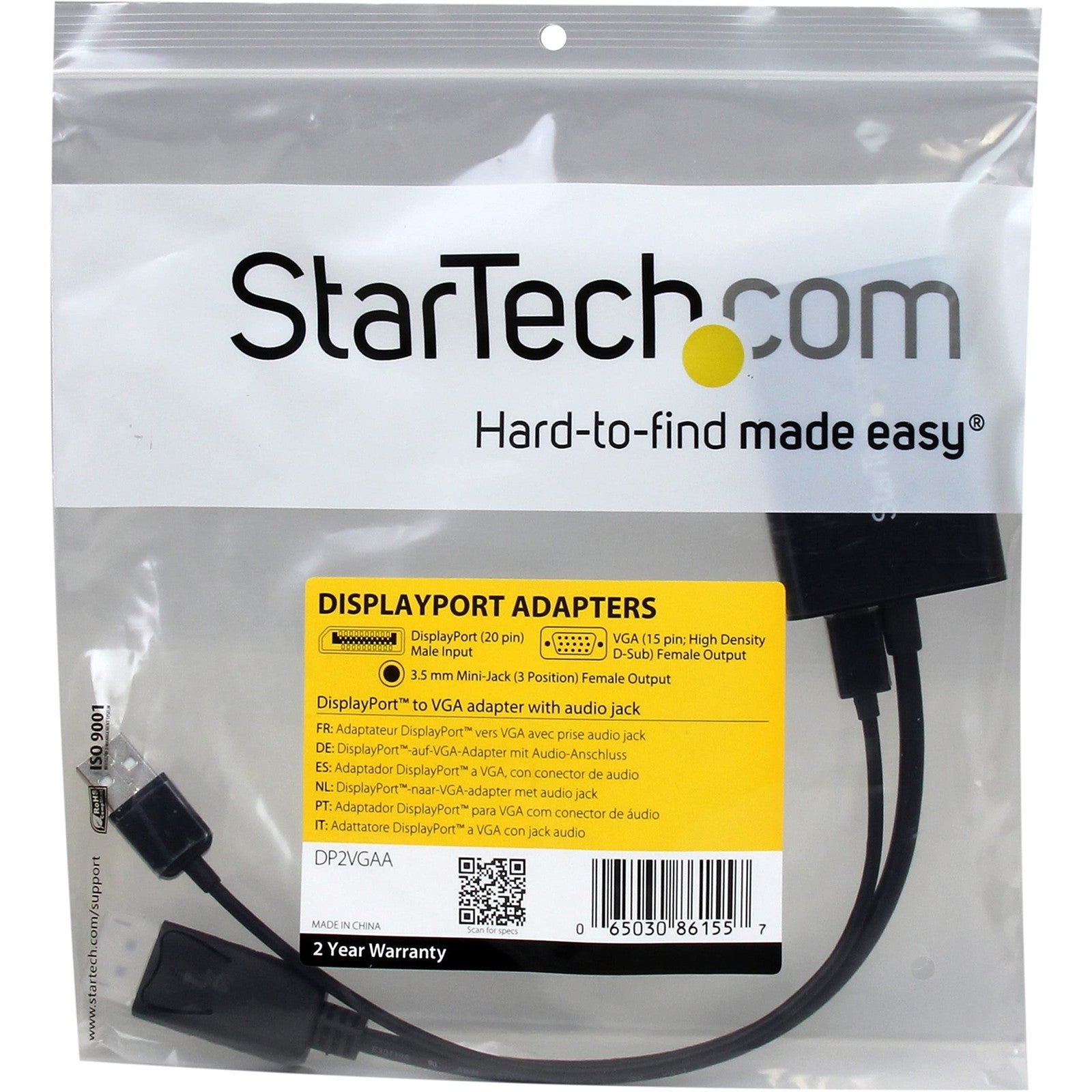 StarTech.com DisplayPort to VGA adapter with audio, showing the black converter device connected to a DisplayPort and VGA cable