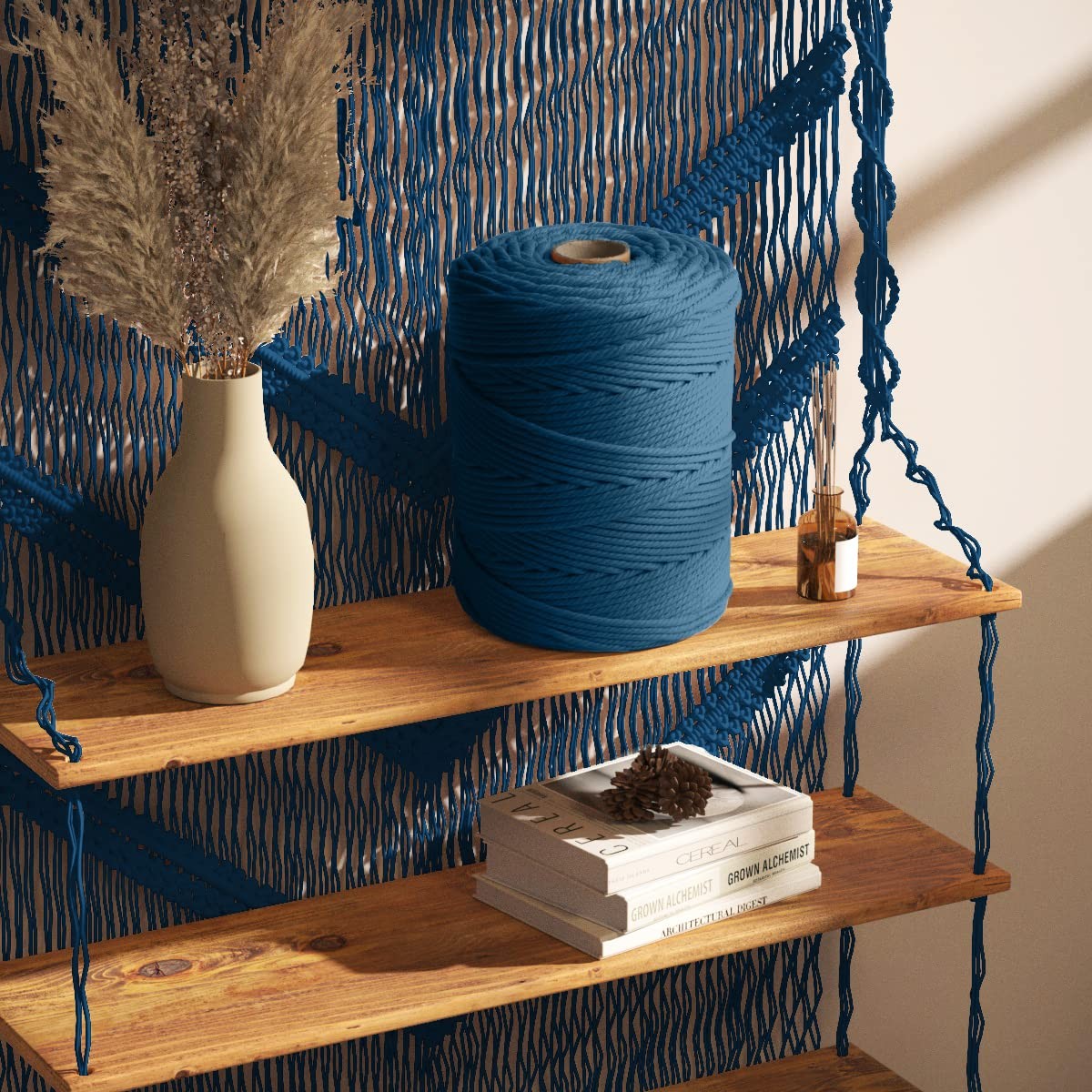 Natural handmade peacock blue macrame cotton cord, 5mm x 328 yards, braided for crafts and DIY projects.