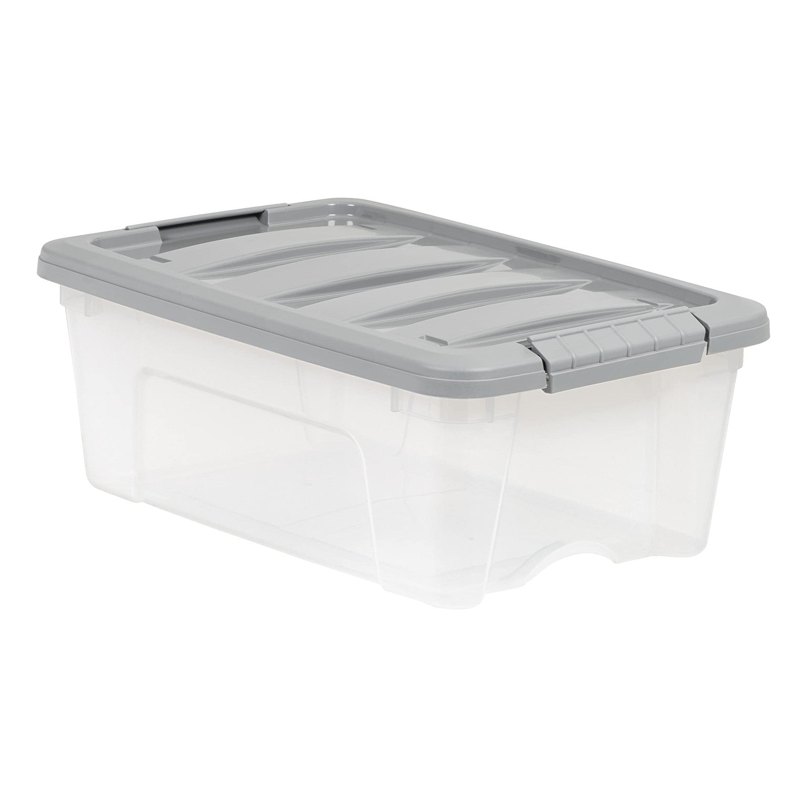 Stackable plastic storage containers with secure latching lids, ideal for organizing and storing household items.