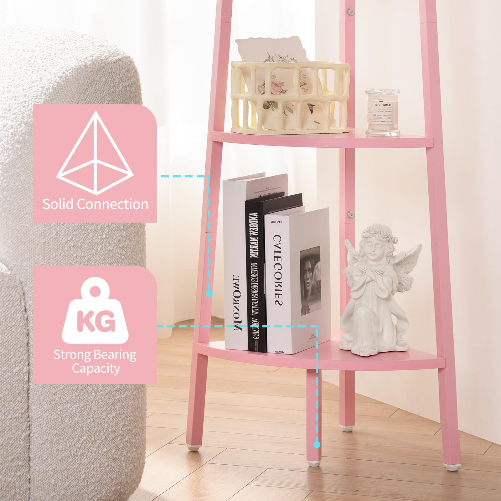 Yoobure 5-tier corner bookshelf with metal frame and ladder design, showcasing stacked wooden shelves in a modern corner space.