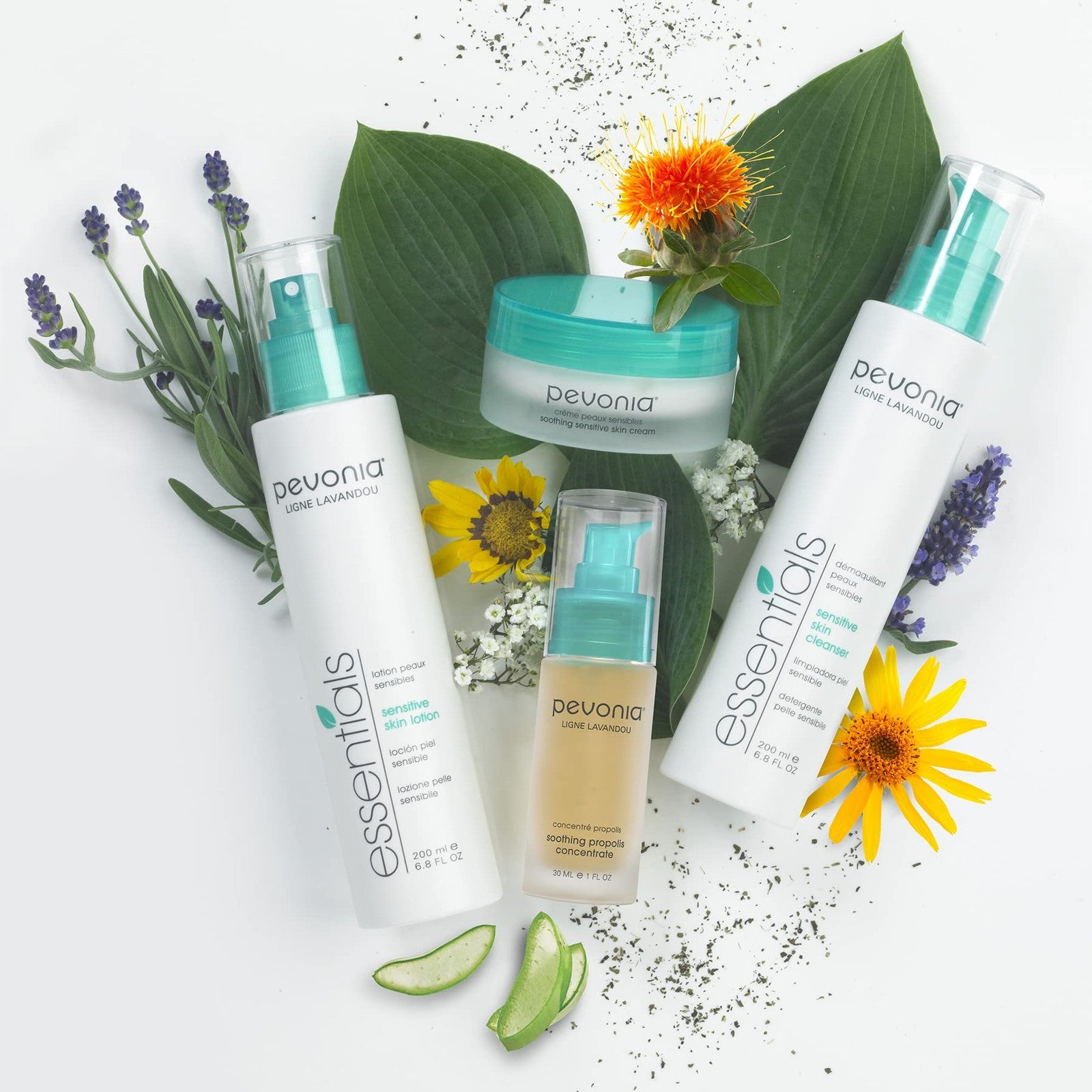 Pevonia Sensitive Skin Cleanser in 6.8 fl oz bottle, gentle facial cleanser for sensitive skin with a clear liquid appearance.