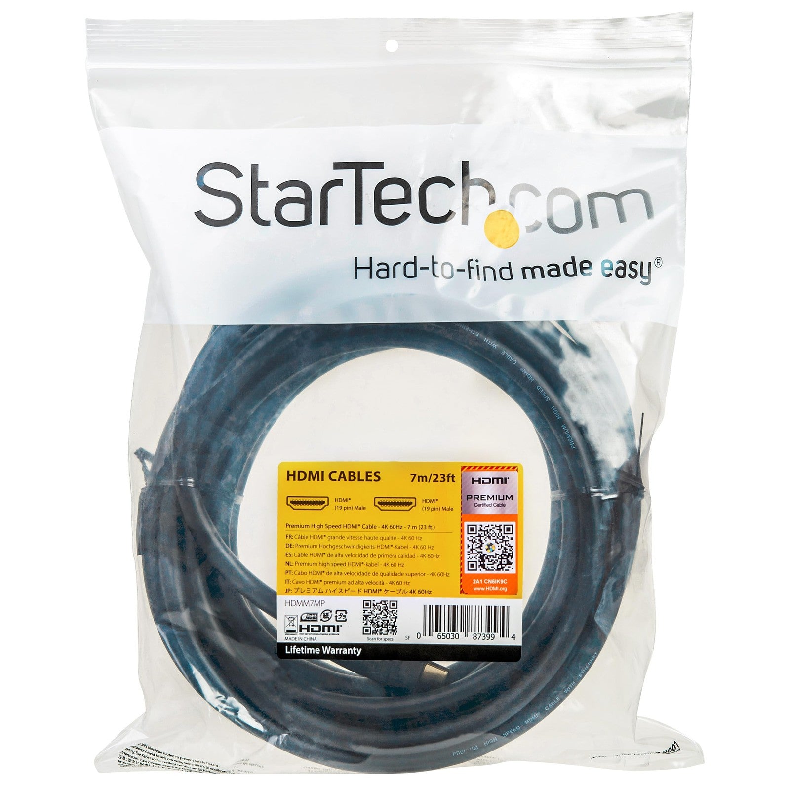 StarTech.com 23ft Premium Certified HDMI 2.0 cable with 4K HDR support, Ethernet, suitable for UHD TVs and high-definition devices
