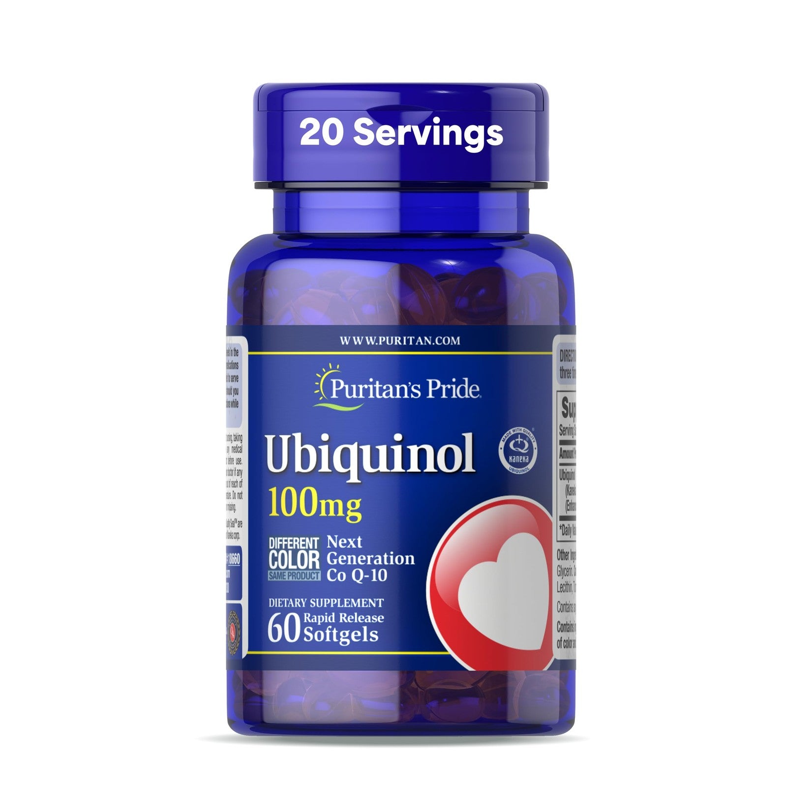 Puritan's Pride Next Gen Ubiquinol CoQ10 dietary supplement bottle with 100mg capsules on a white background.