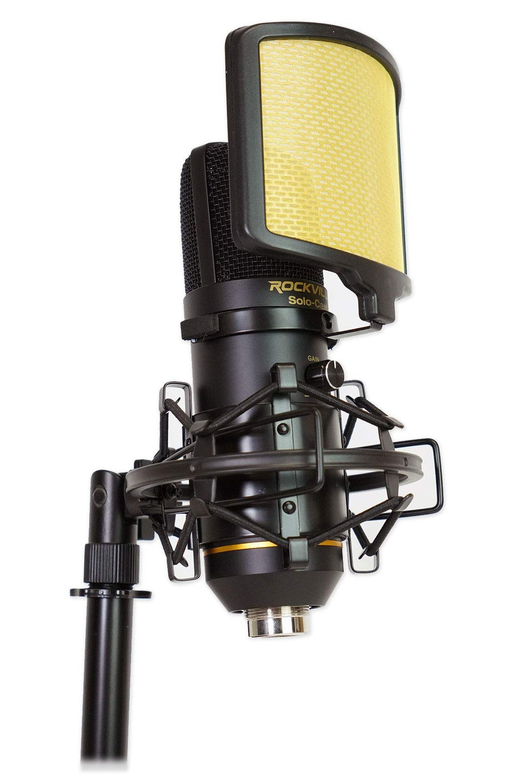 Rockville Solo-Cast USB microphone with unidirectional condenser capsule, built-in in a sleek black design, ideal for streaming and recording.