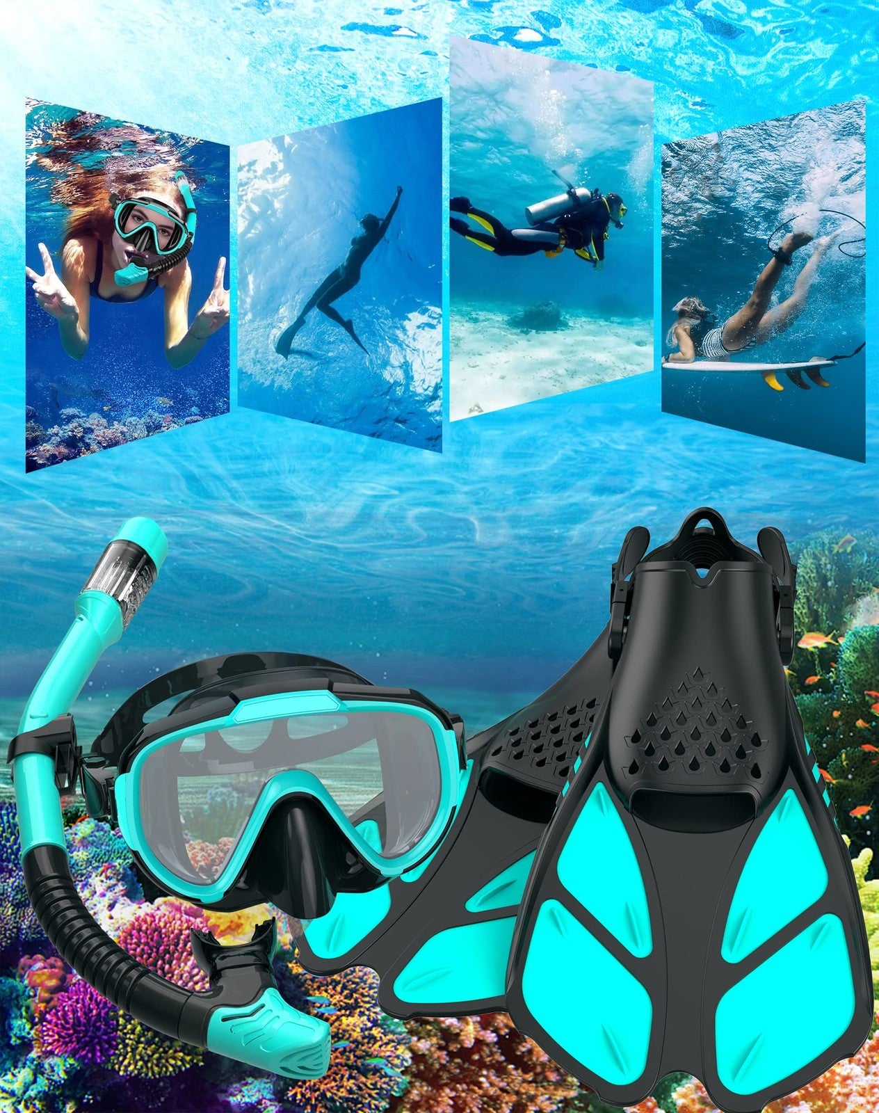 Ubekezele adult snorkeling gear 4-in-1 set with panoramic view mask, snorkel, fins, and waterproof bag shown in the image.