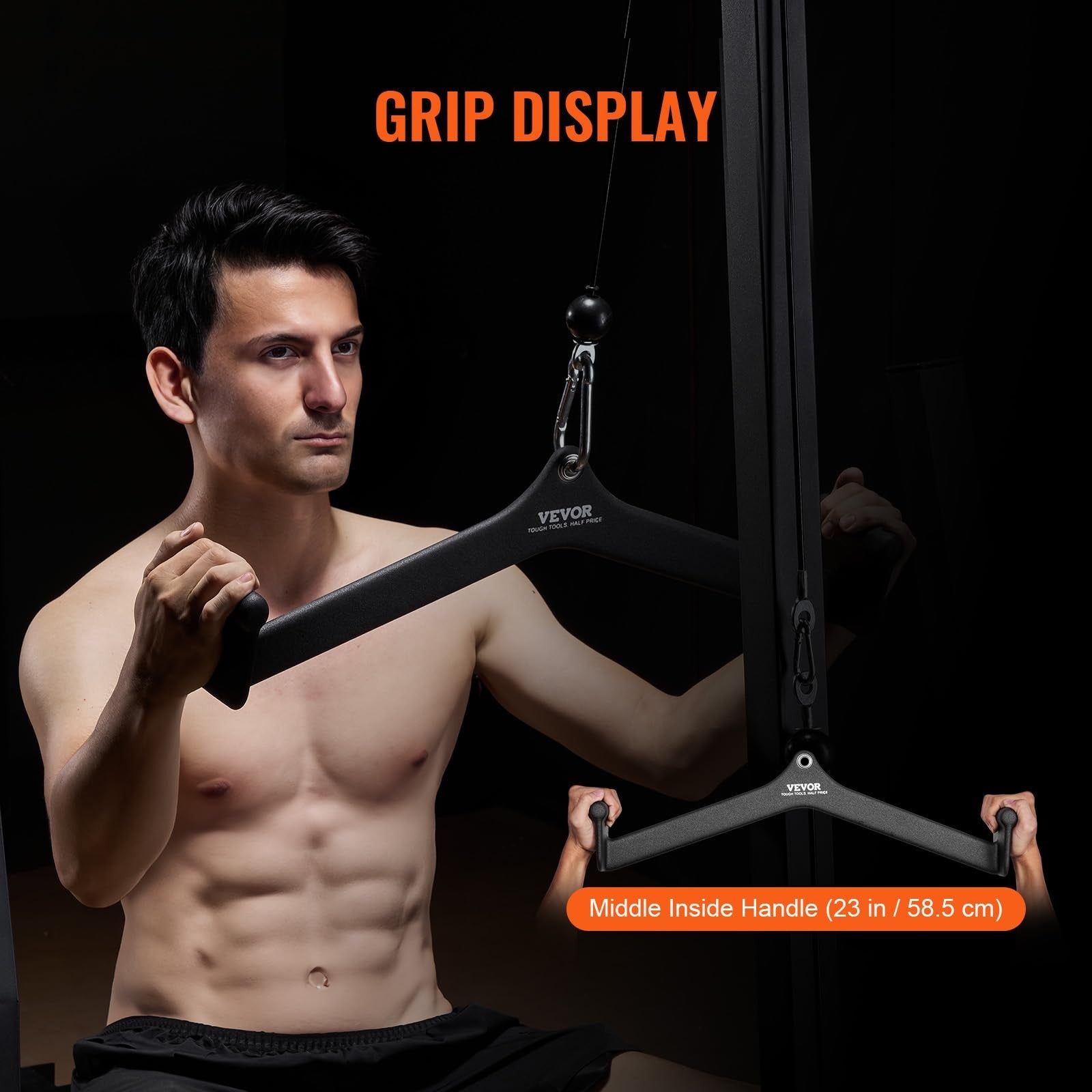 VEVOR LAT Pulldown Attachment with V-bar for cable machine rowing and tricep exercises, shown attached to a gym cable system.
