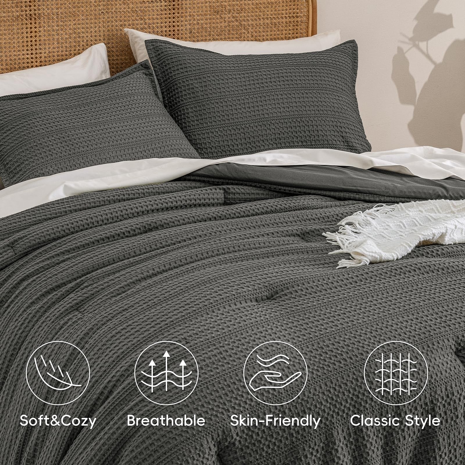 PHF twin size soft waffle comforter set with breathable waffle weave fabric, showcasing its cozy and textured design.