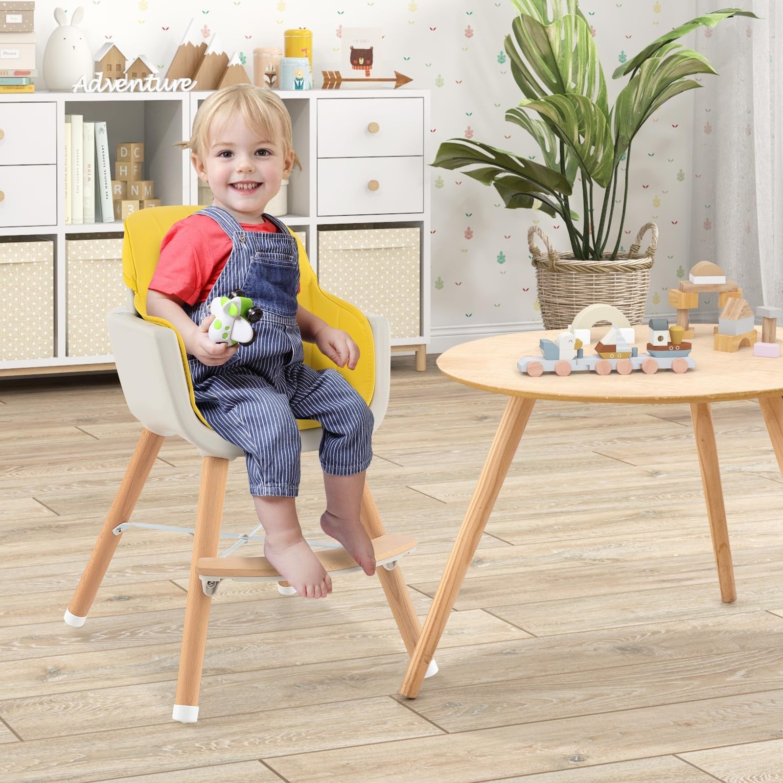 Honey Joy 3-in-1 wooden high chair with booster seat and toddler tray, featuring a sturdy design for feeding and growth.