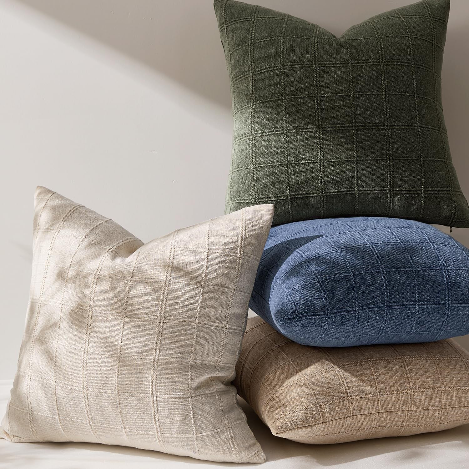 Woaboy linen check throw pillow covers set of 2, 26x26 inches, beige farmhouse design with a classic check pattern.