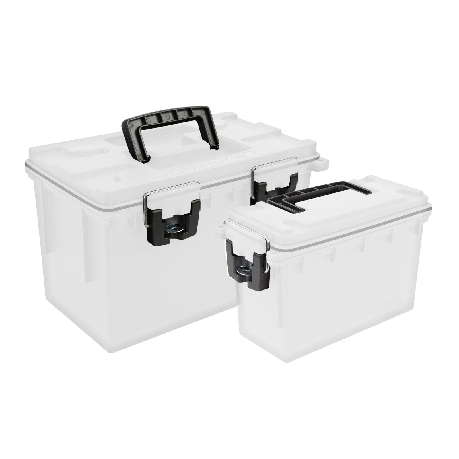 Stackable Sheffield 12722 storage bins with lids, 2-pack, showing clear plastic bins with lids for organized storage in a home or office