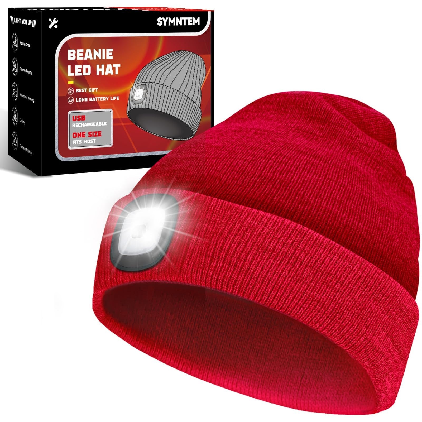 SYMNTEM unisex LED beanie hat with built-in light and rechargeable USB headlamp, shown in black with illuminated light on front.