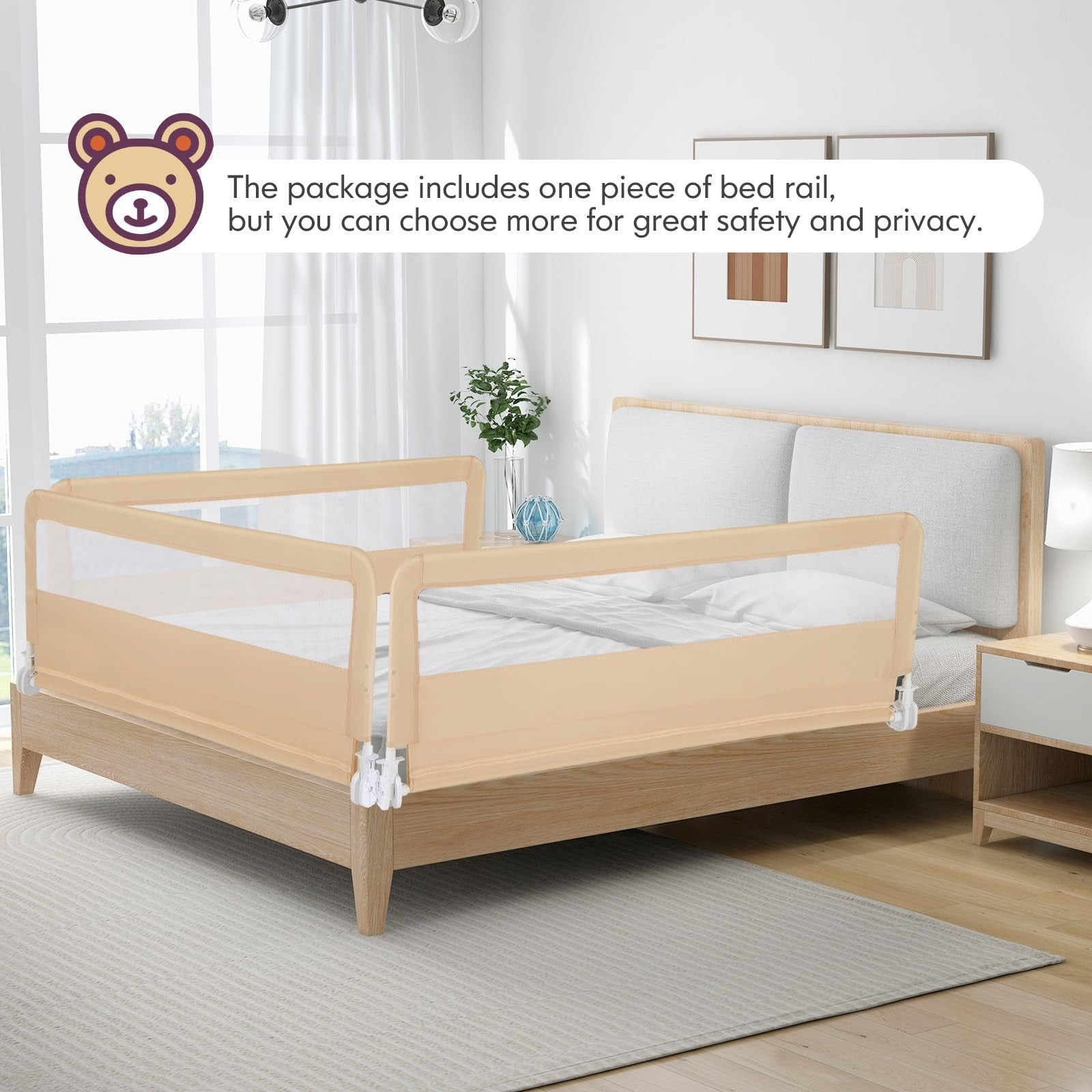 Baby Joy toddler bed rails with swing-down safety guard, 59-inch extra-long bed guard for secure child sleeping.