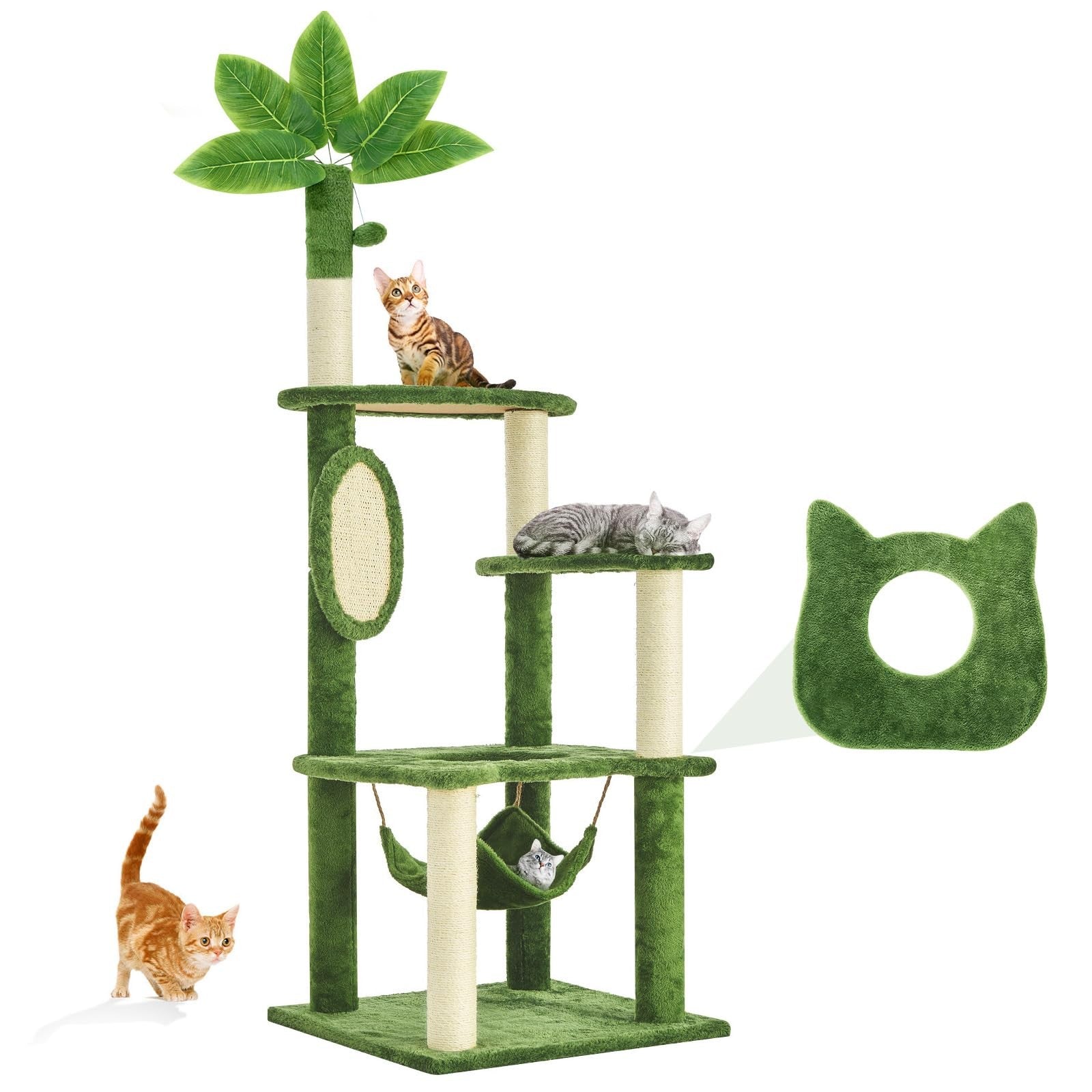 TSCOMON 61-inch multi-level cat tree with green leaf decor, featuring platforms, hideouts, and a hanging hammock for cats.