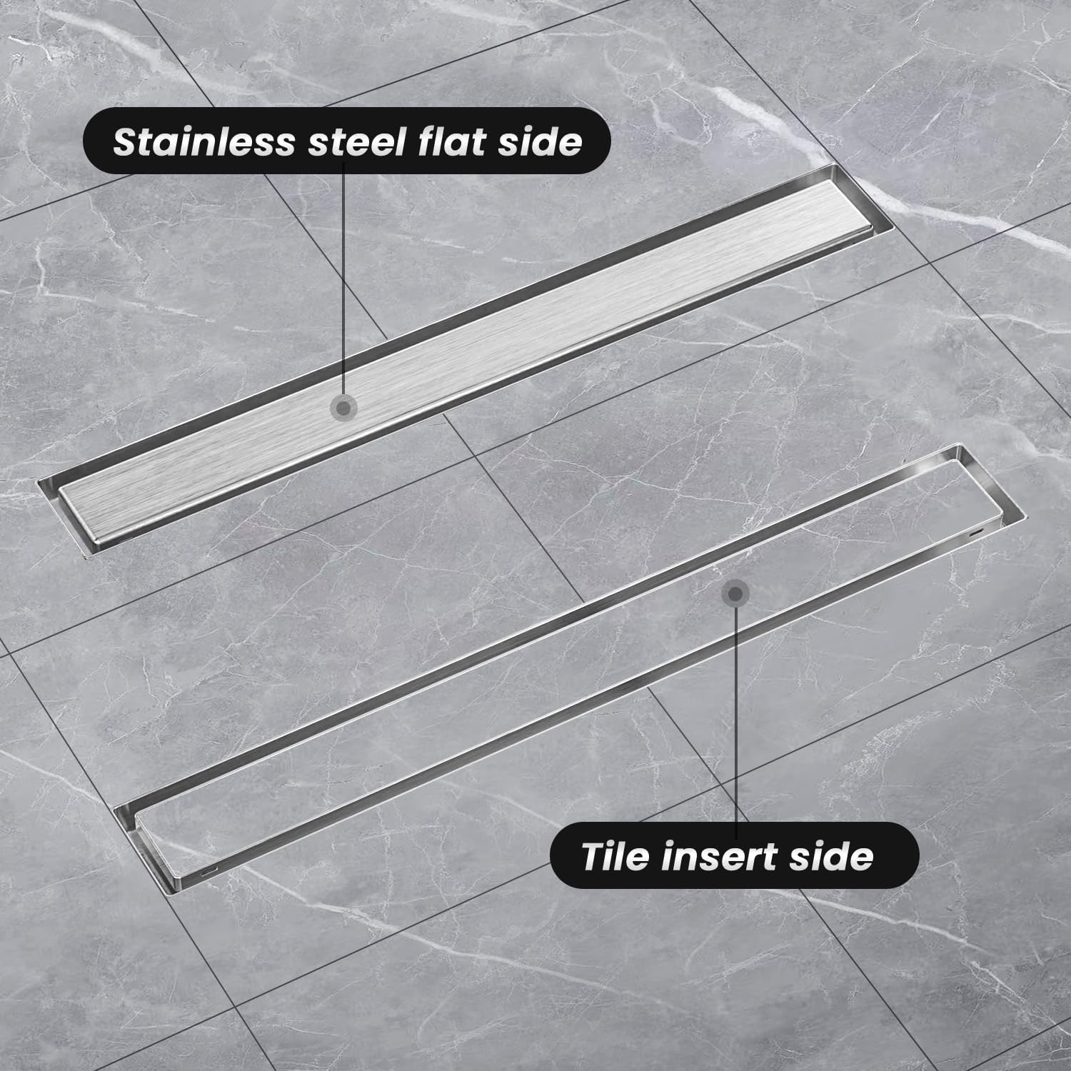Brushed nickel 24-inch linear shower drain tile insert grate with rectangular design by Bmvlffs