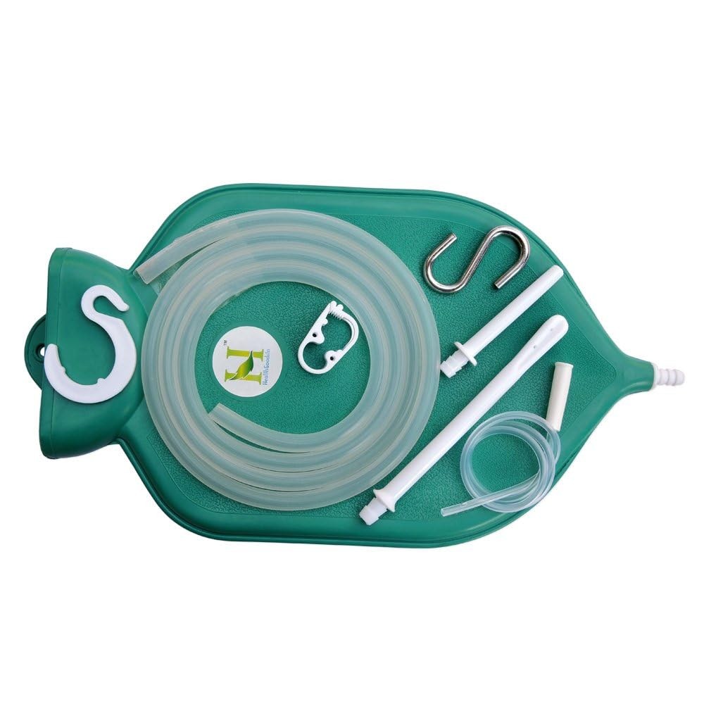 HealthGoodsIn enema bag kit with platinum cured silicone hose, 2-quart open top for colon cleansing, hygienic and easy to use.