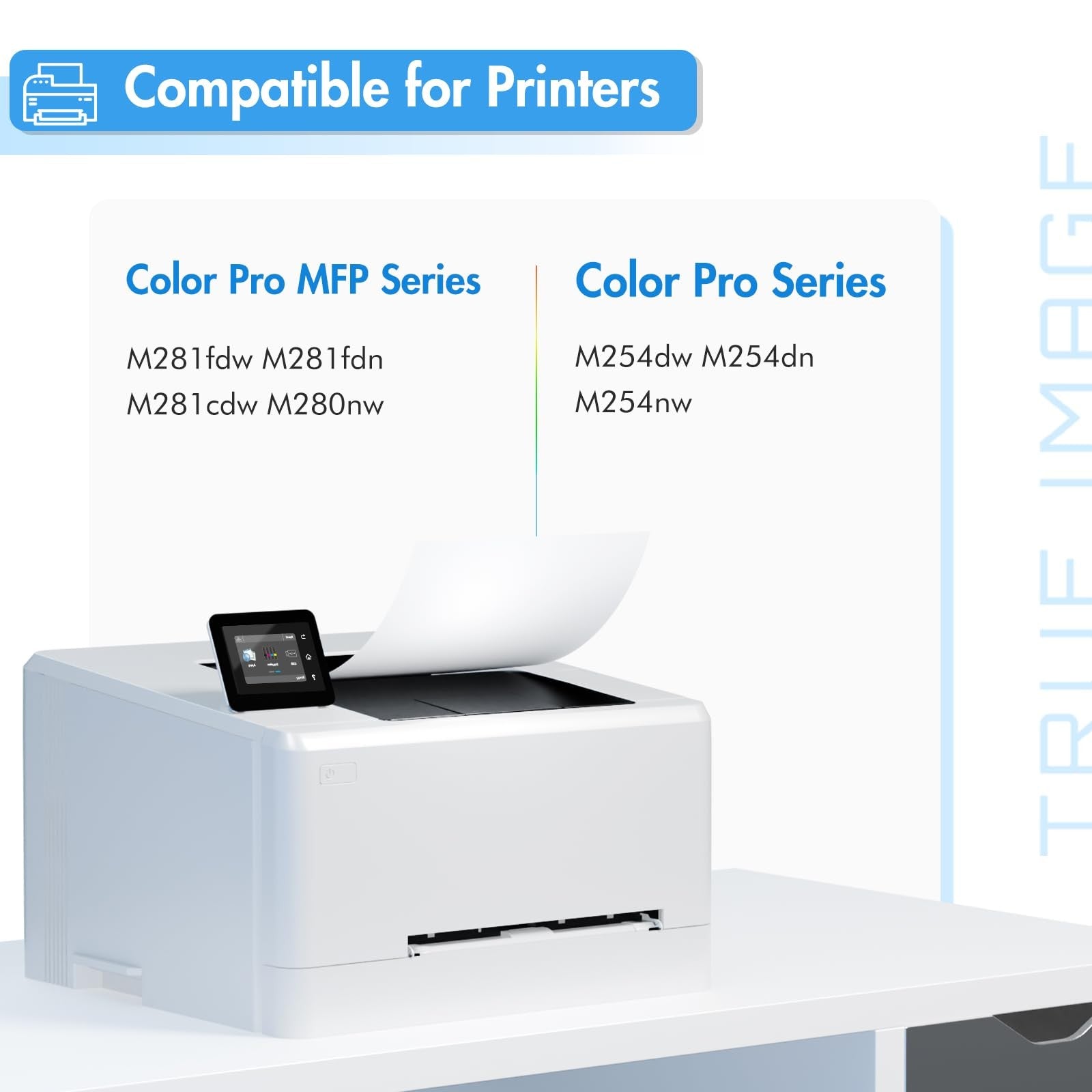 True Image HP 202A CF500A color toner cartridge replacement, compatible with HP printers, shown in this image.
