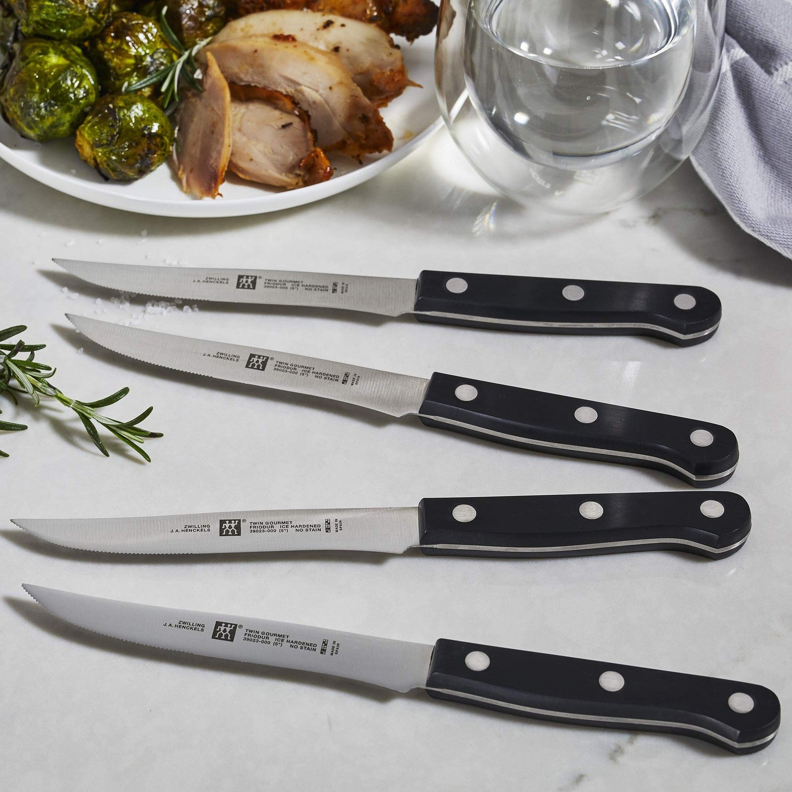ZWILLING TWIN Gourmet steak knives set of 4 with stainless steel blades and ergonomic handles on a white background.