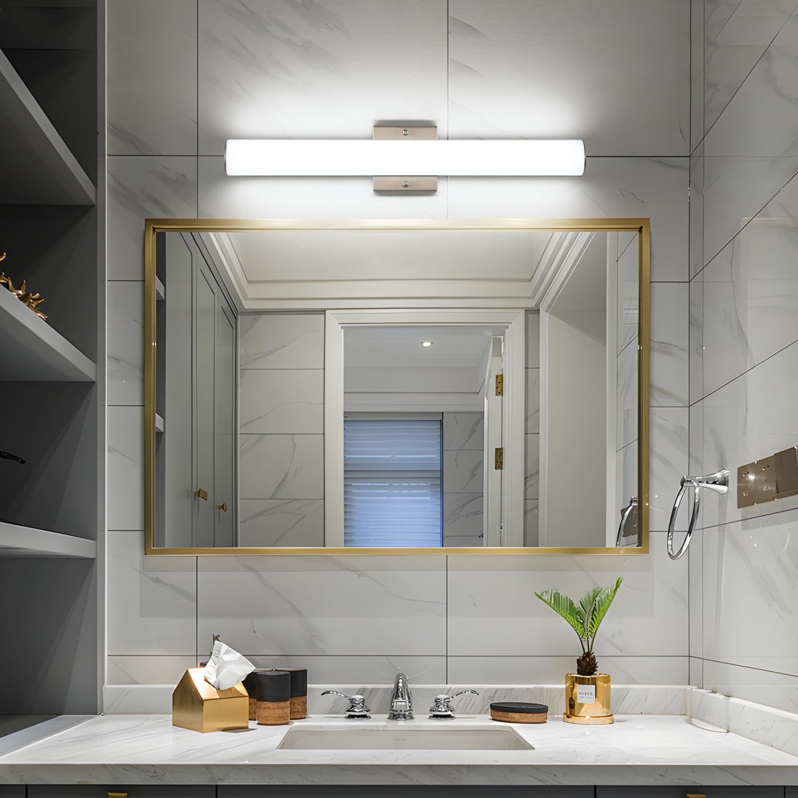 Bicrink brushed nickel 24-inch bathroom vanity light fixture with four LED bulbs, modern LED bath lighting for bathroom decor.