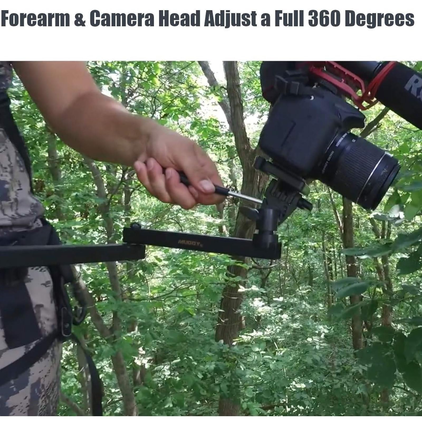MUDDY Basic Trail Camera Arm with pan head for precise positioning of game cameras on trees or poles.